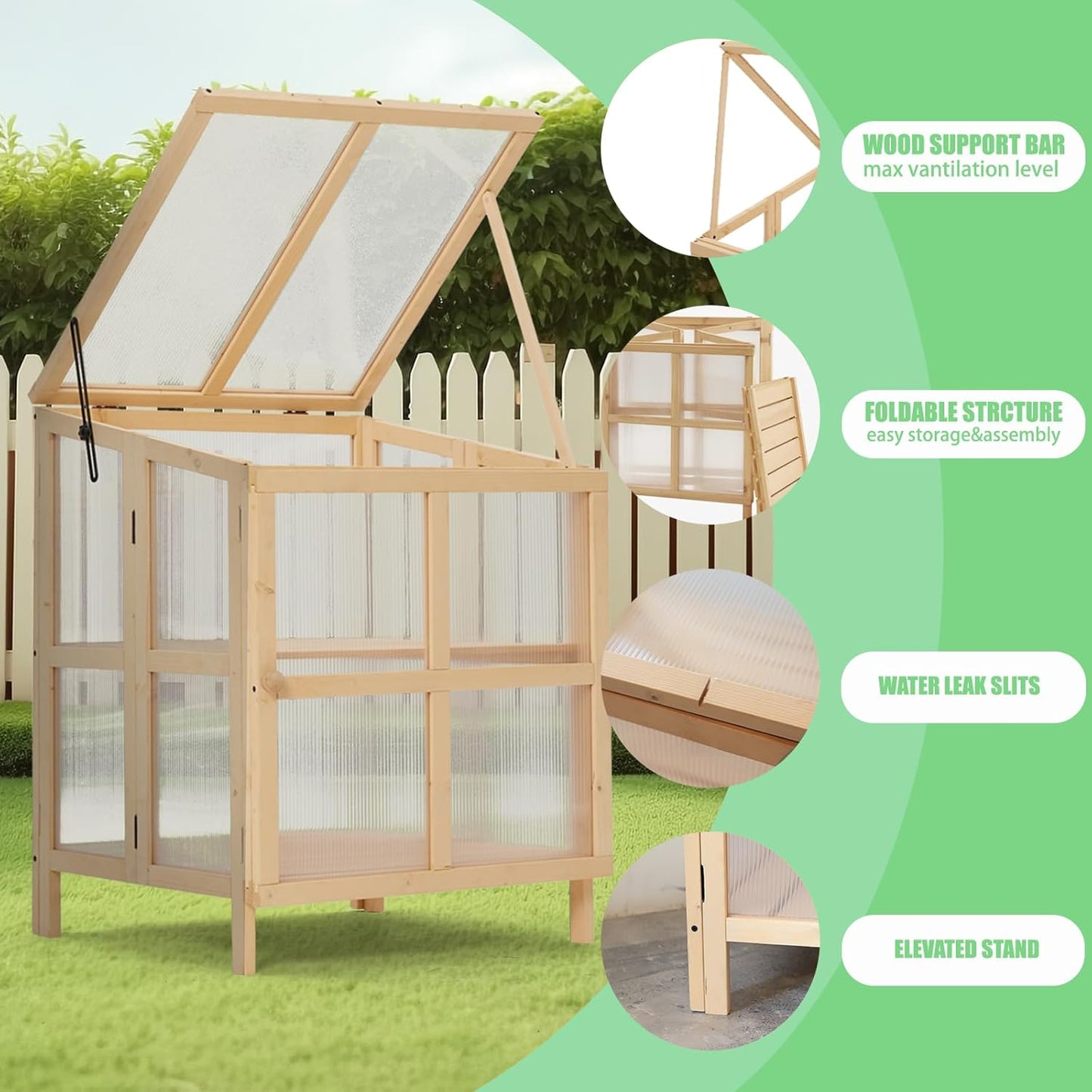 2 Tier Foldable Cold Frame Greenhouse, Portable Wooden Greenhouse Garden Cold Frame Raised Planter Box with Shelves