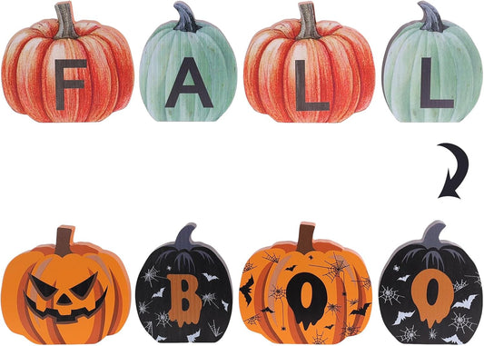 Fall Decorations for Home & Halloween Decorations Indoor, DECSPAS Double-sided Pumpkin Wood Sign with Fall & BOO Lettered, Autumn Wooden Block Set for Table, Tiered Tray, Mantle, Thanksgiving Decor