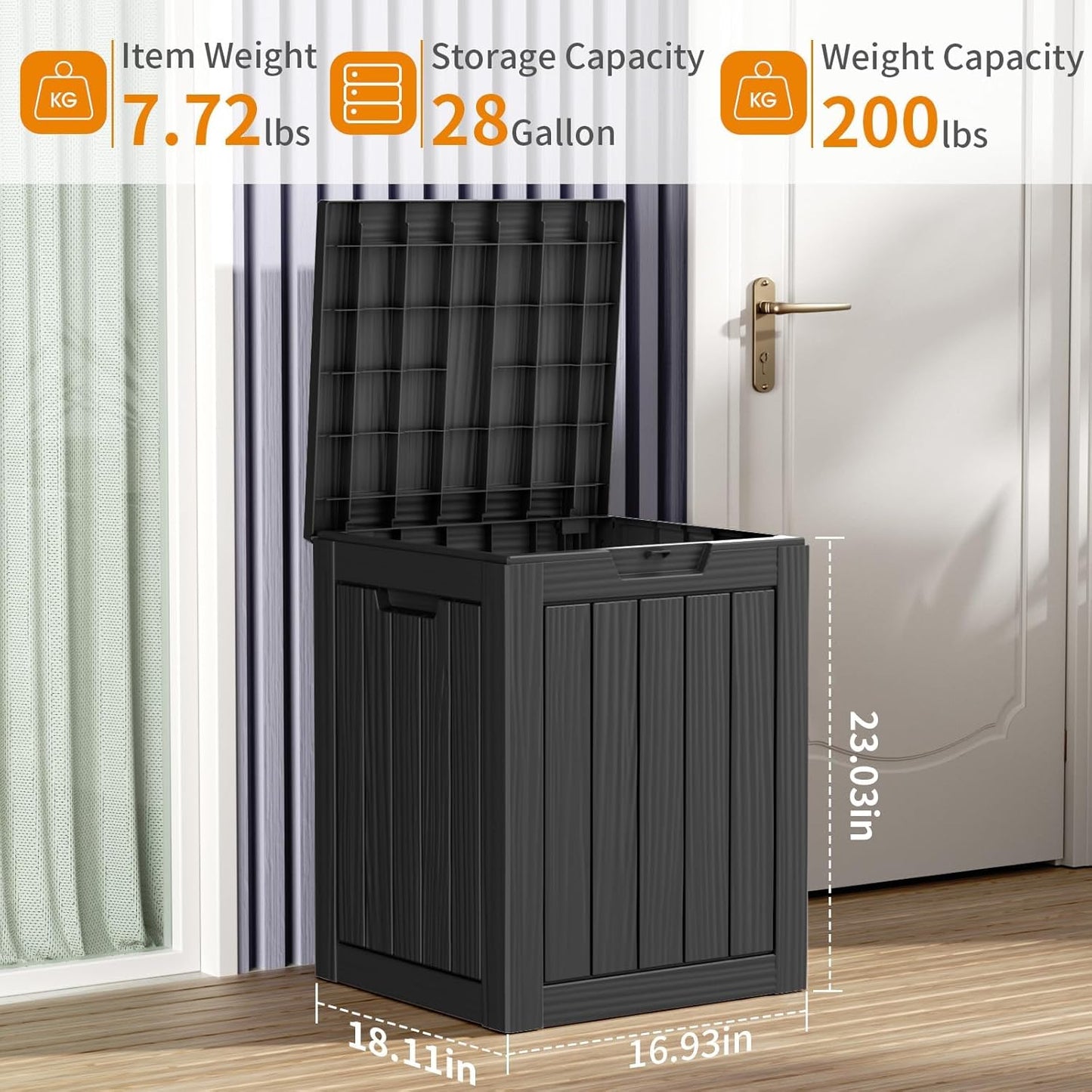 28 Gallon Outdoor Deck Box,Storage Lockable Waterproof Patio Furniture,Garden Tools,Cushions,Pool Accessories Outside Storage Resin Box(Black)