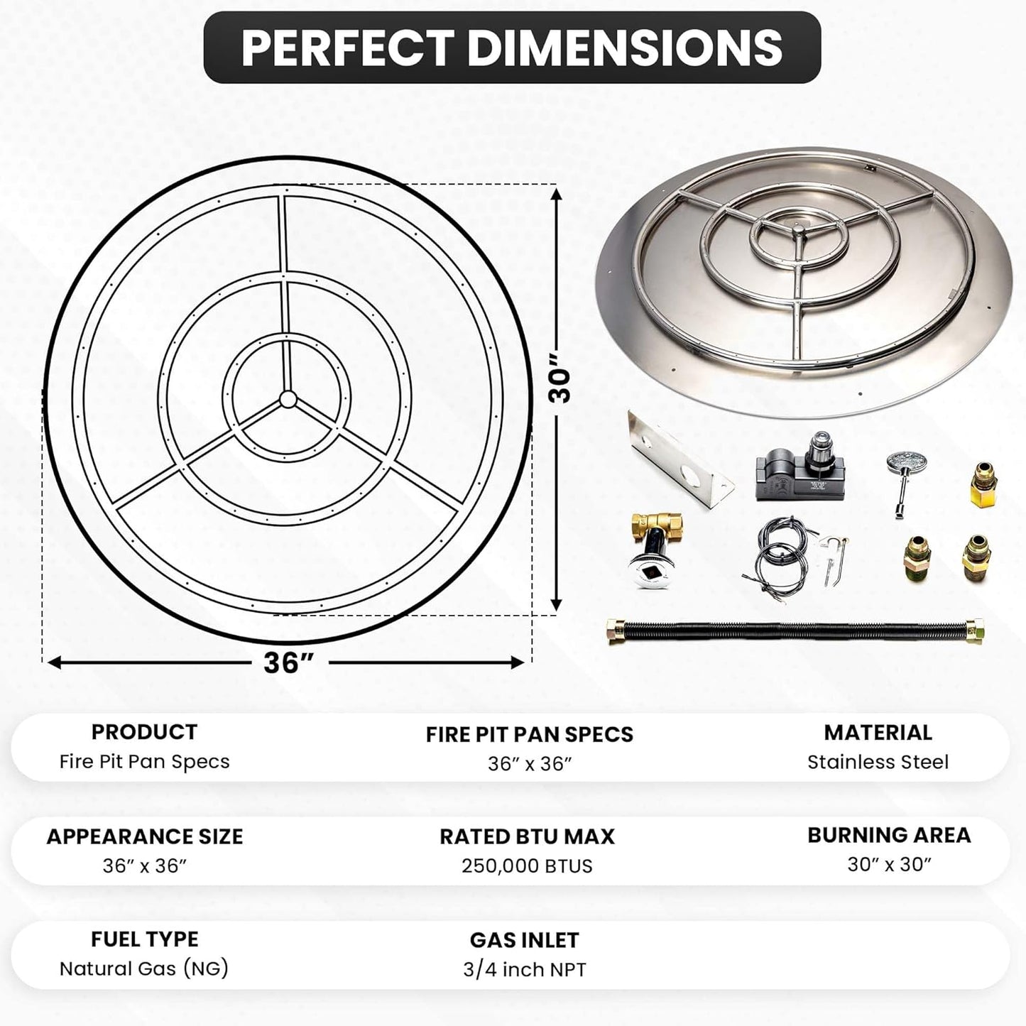 Stainless Steel Fire Pit Burner Pan & Ring Standard Kit with Spark Ignition for Natural Gas, 36-Inch Pan, 30-Inch Ring, 250,000 BTU Max