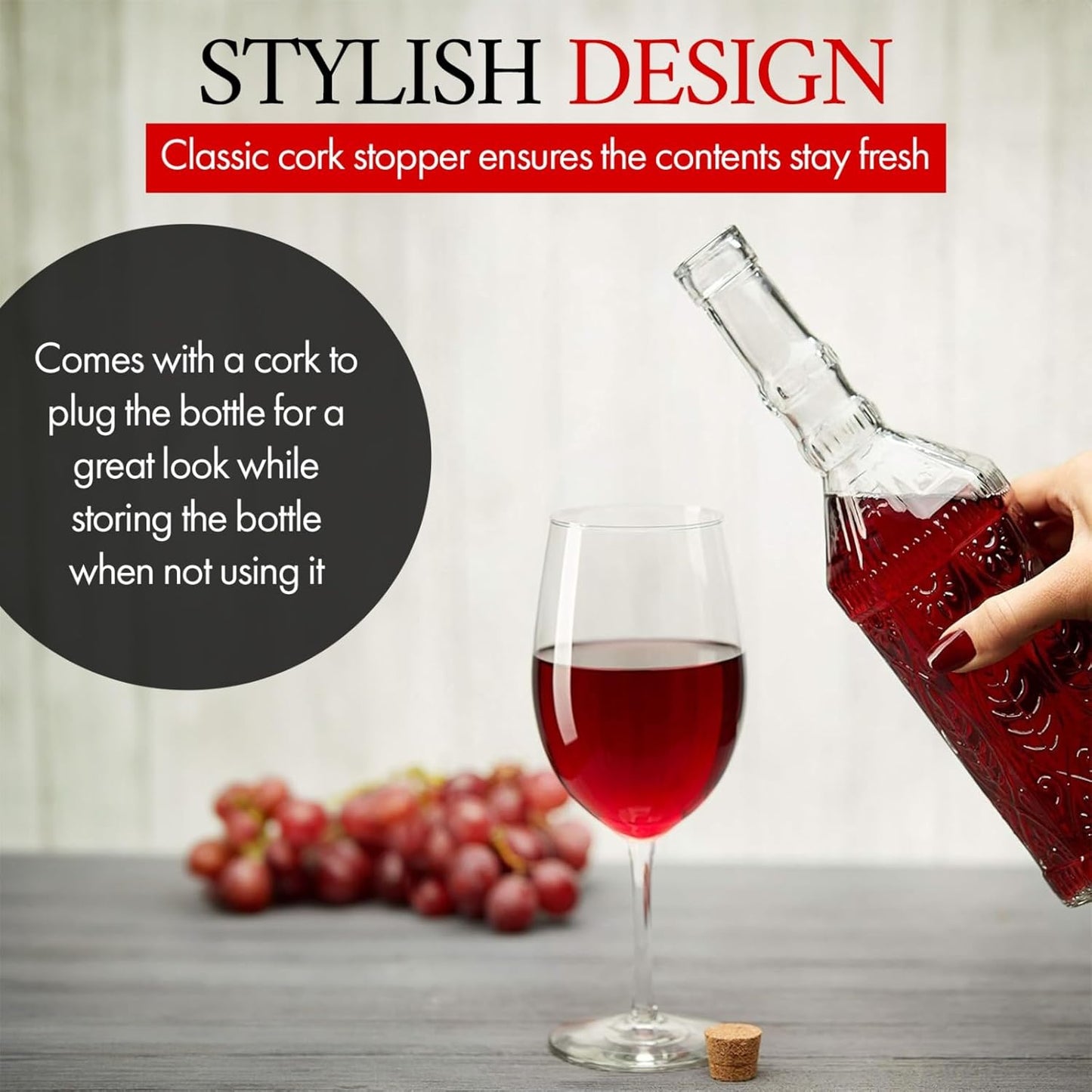 Large Clear Decorative Glass Bottle with Spout and Cork, 32oz, 1 Bottle - Design: VINO (3in X 11.9in)