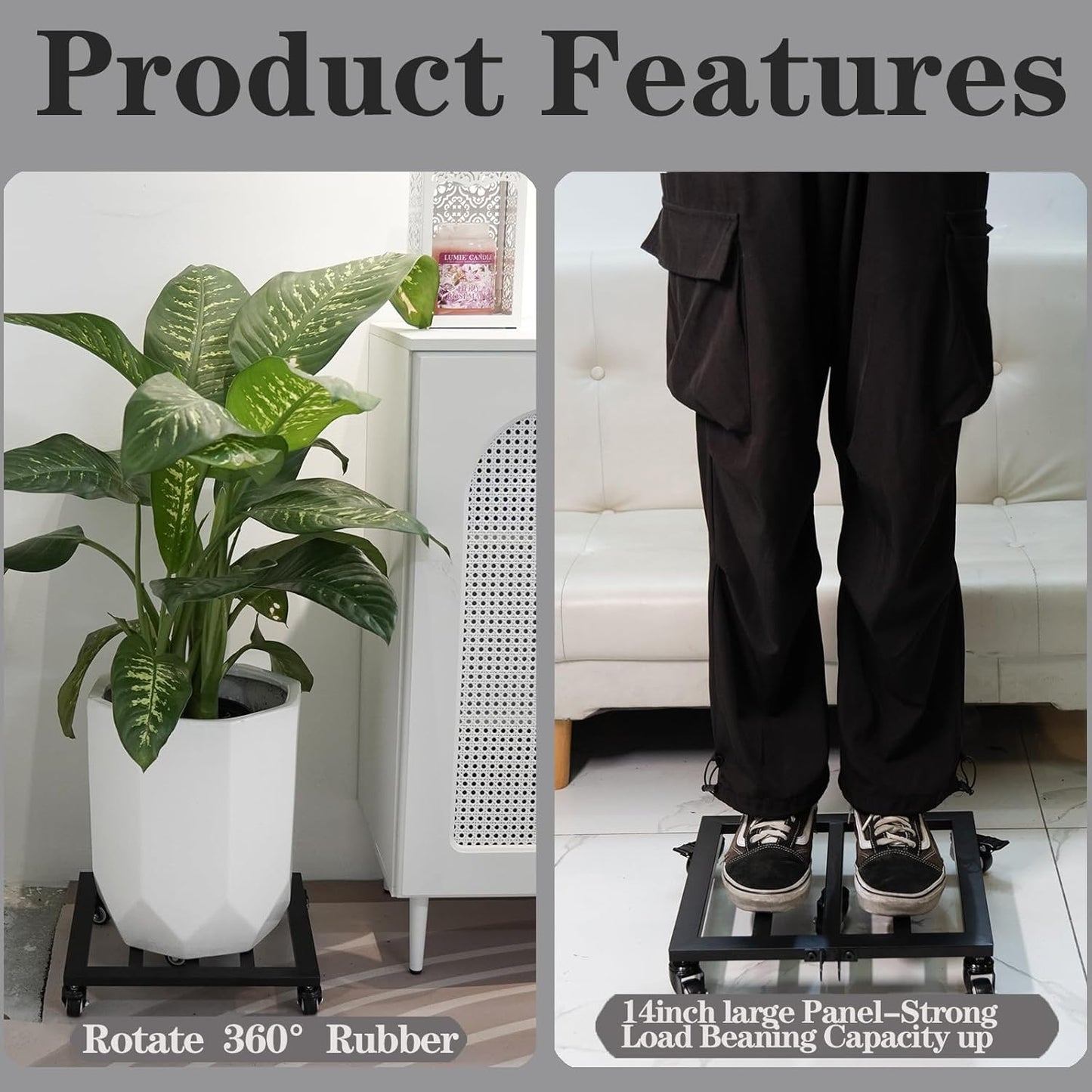 14 Inch Plant Dolly with Wheels - Heavy Duty Steel Caddy for Indoor & Outdoor Pots, 360° Rotating Rollers, Detachable Handle, High Capacity for Easy Mobility & Stability