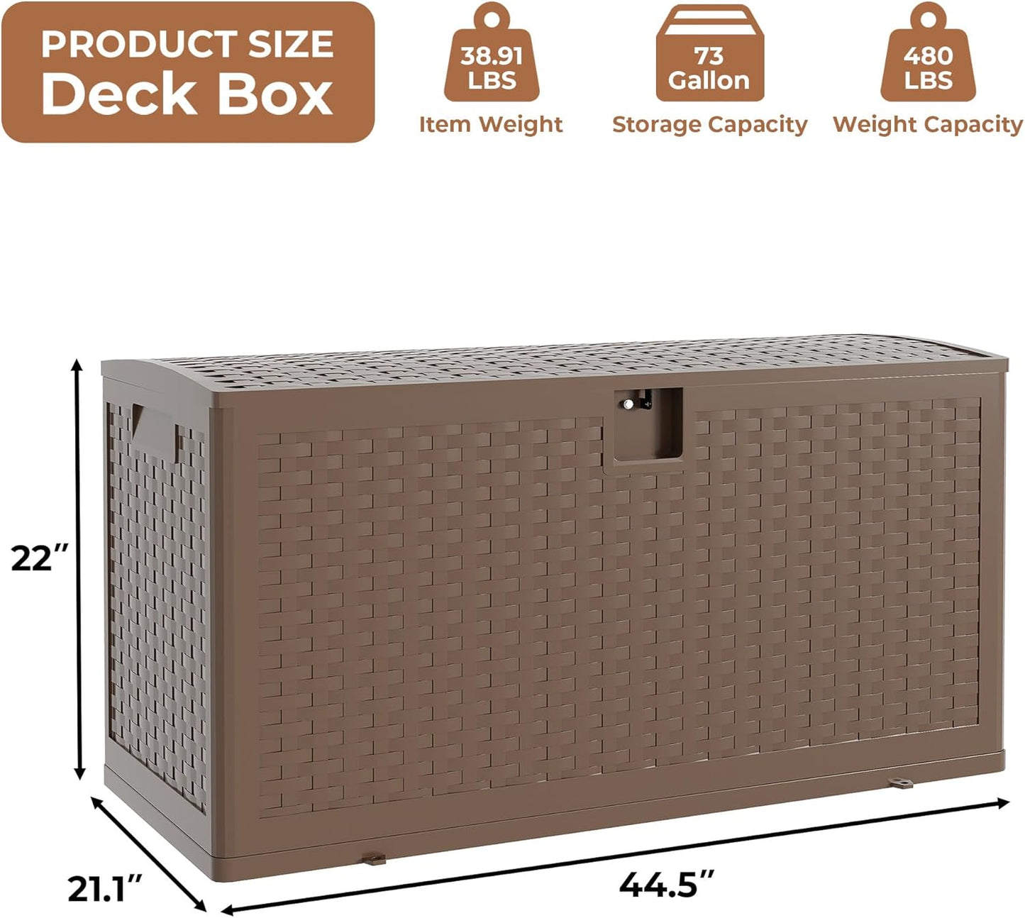 73Gallon Brown Resin Deck Box, Outdoor Storage Box Waterproof Lockable, Patio Deck Box For Package Delivery, Outside Storage Box Container for Furniture Cushions, Garden Tools, Pool Accessories