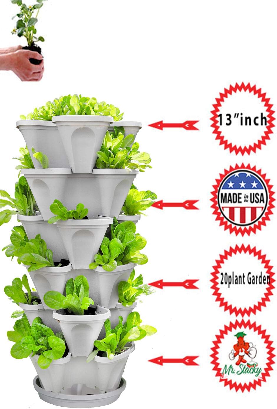 Mr. Stacky© 5-Tier 13 inch Wide - (Stone Color) Strawberry and Herb Garden Planter - Stackable Gardening Pots with 10 Inch Saucer