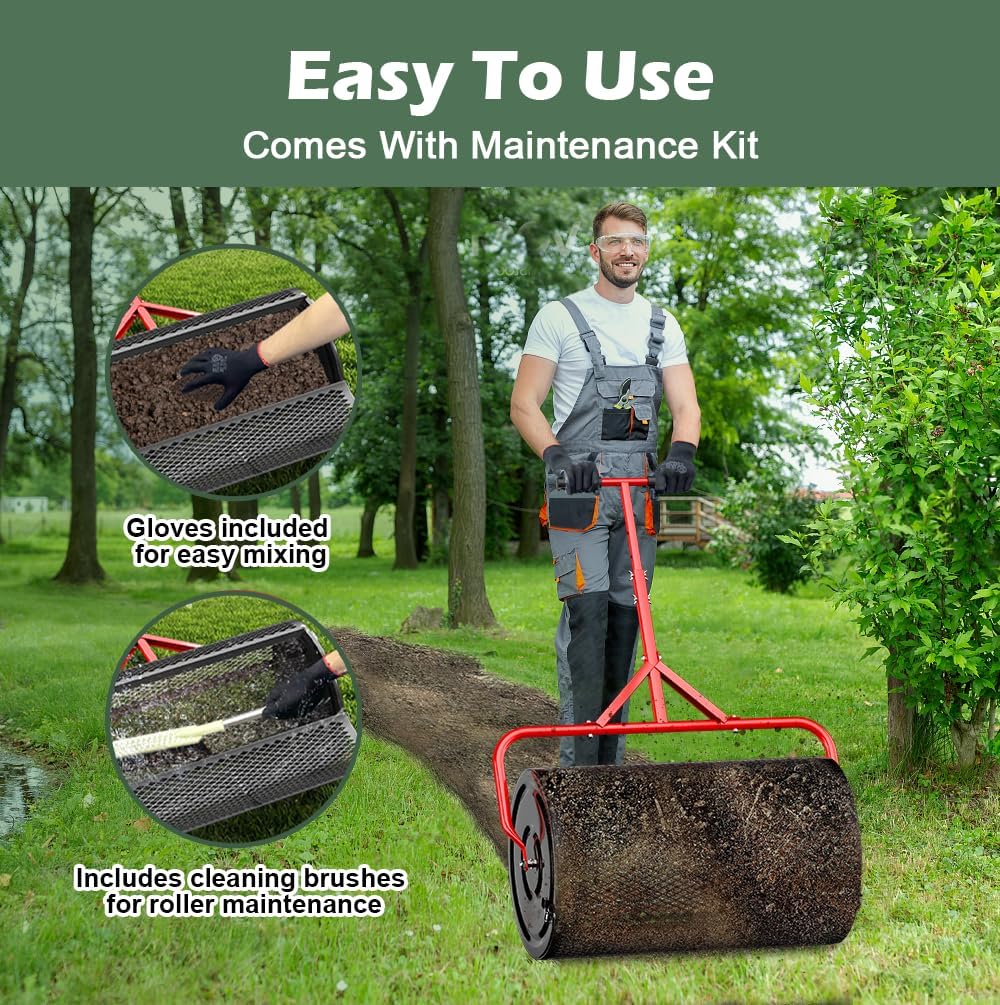 Compost Peat Moss Spreader for Lawn, 24 Inch Compost Roller Spreader with Adjustable T-Shaped Handle, Upgraded Side Clasps, Durable Lightweight Metal Roller, Lawn Garden Yard Care (Black)