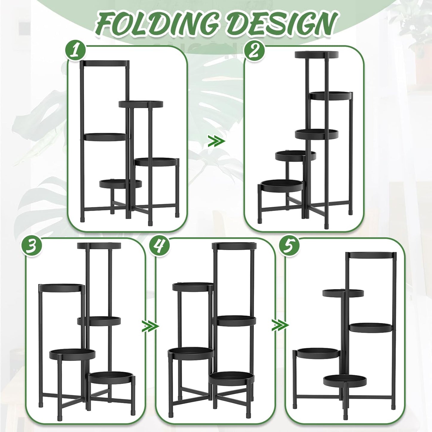 iDavosic.ly Plant Stand with Garden Tools, 5 Tier Corner Metal Flower Display Holder Shelf Indoor Outdoor, Folding Tall Orchid Rack for Patio Balcony Porch Living Room House, Black