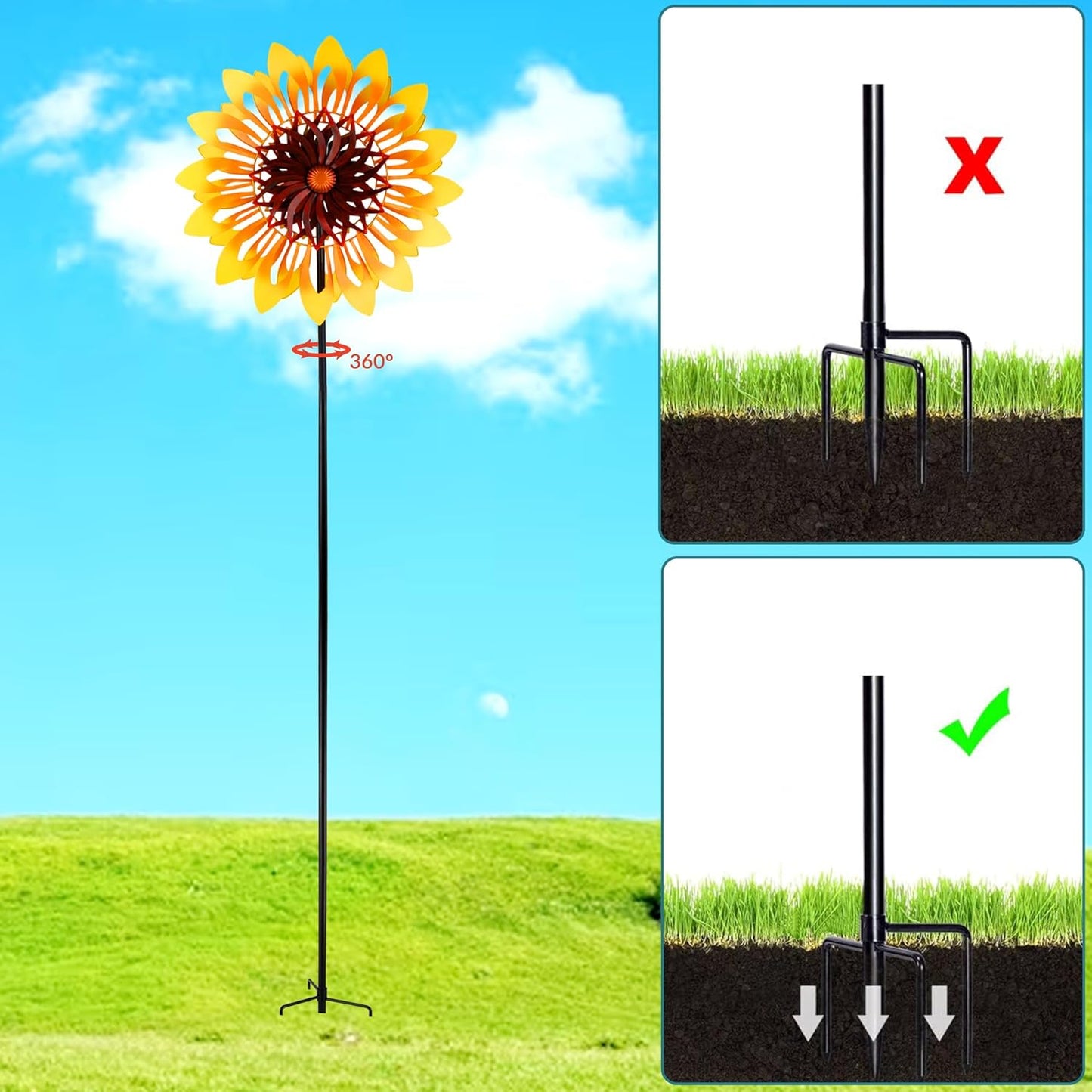 Sunflower Wind Spinners, 360 Degrees Swivel Metal Wind Sculptures, 76" Large Garden Pinwheels for Yard Lawn Patio Decor
