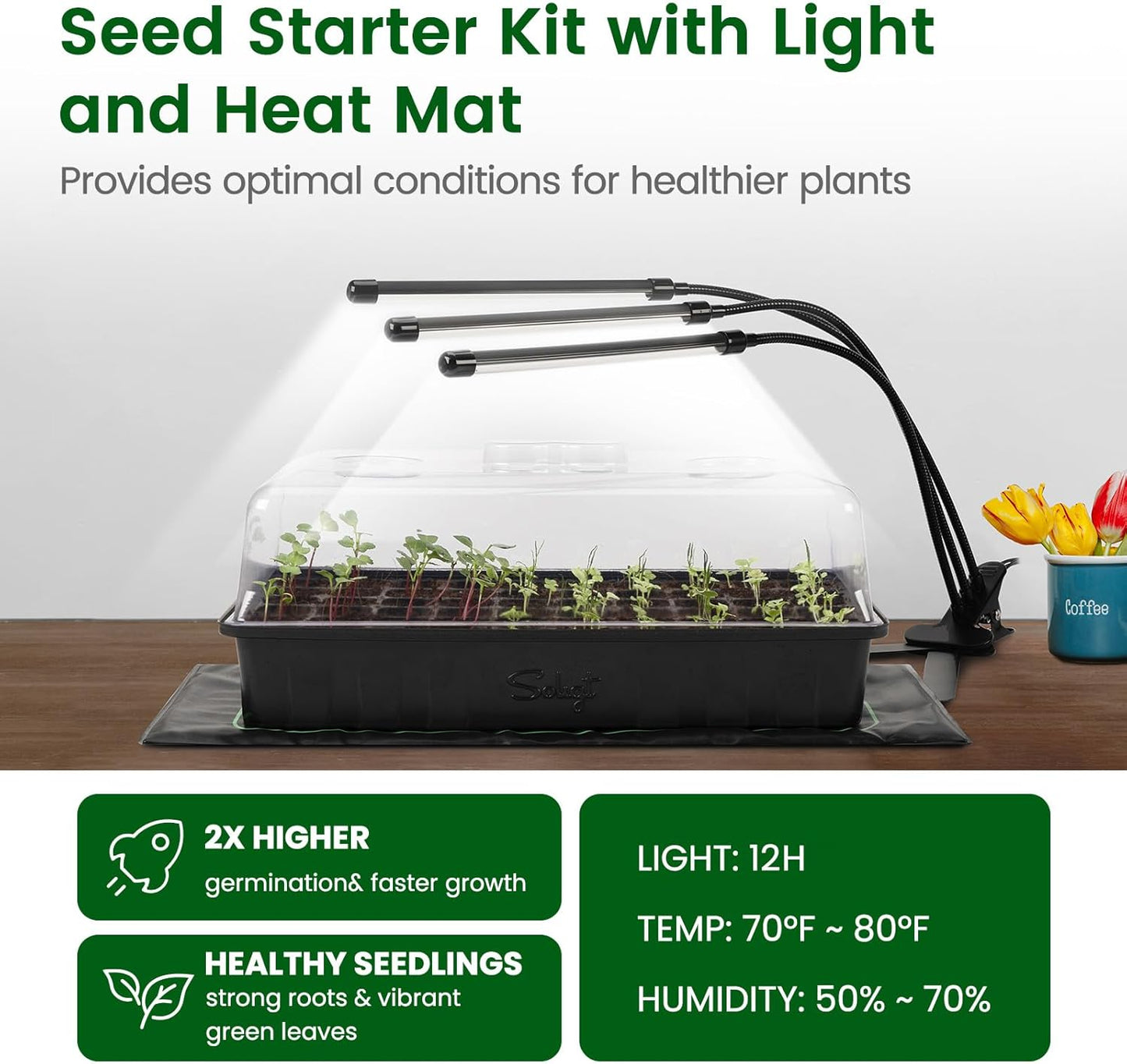 SOLIGT 60 Cell Seed Starter Kit with Grow Light and Heat Mat, Seed Starter Tray with Higher 4.3” Humidity Dome, Flexible Light Positioning for Seed Starting & Seedling Growth
