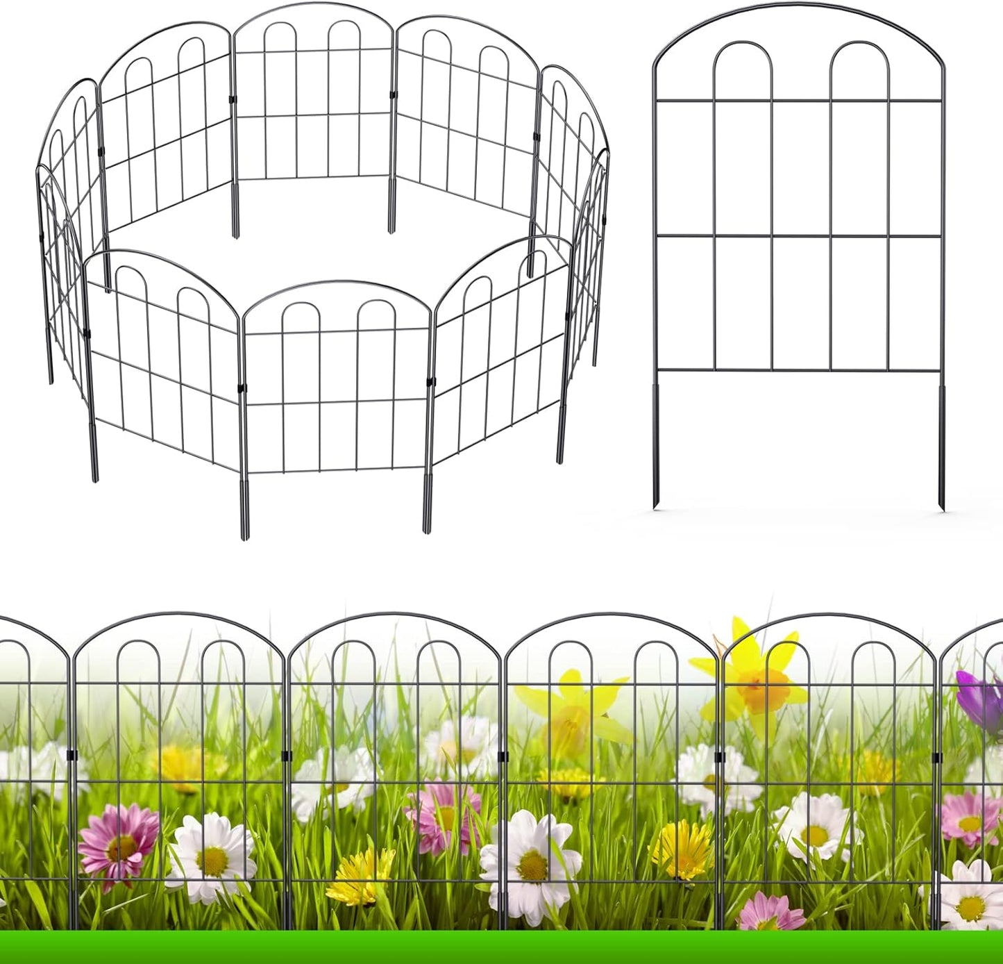 28 Pack Decorative Garden Fence Outdoor 24in (H) x 30ft (L) Coated Metal RustProof Landscape Wrought Iron Wire Border Folding Patio Fences Flower Bed Fencing Animal Barrier Section Panels Decor