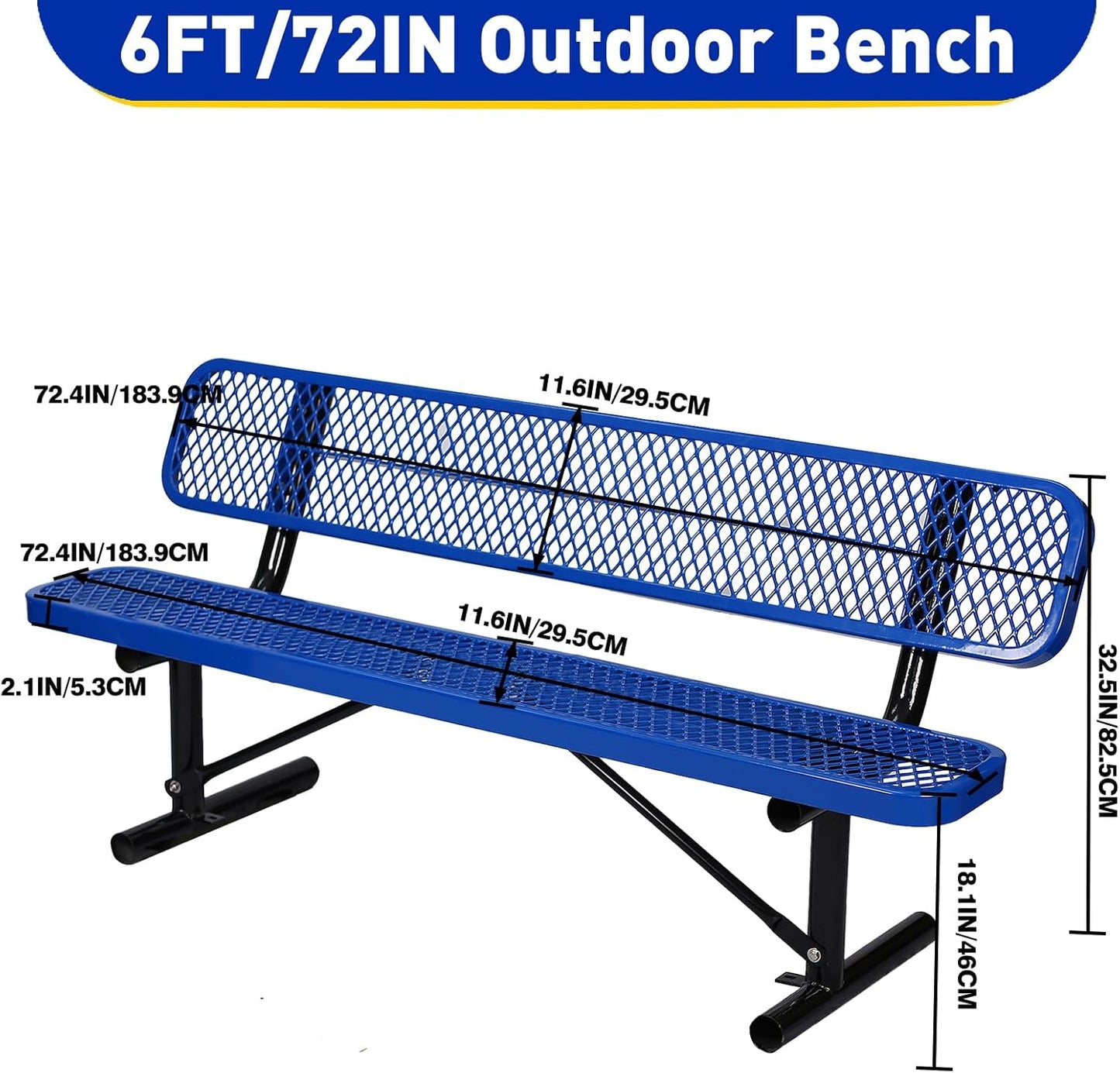 6Ft Outdoor Bench with Blue Portable Frame, Outdoor Steel Park Bench with Backrest, Expanded Metal Mesh Bench for Outside, Lawn, Backyard, Park, Deck, Garden, Patio, Porch, Blue