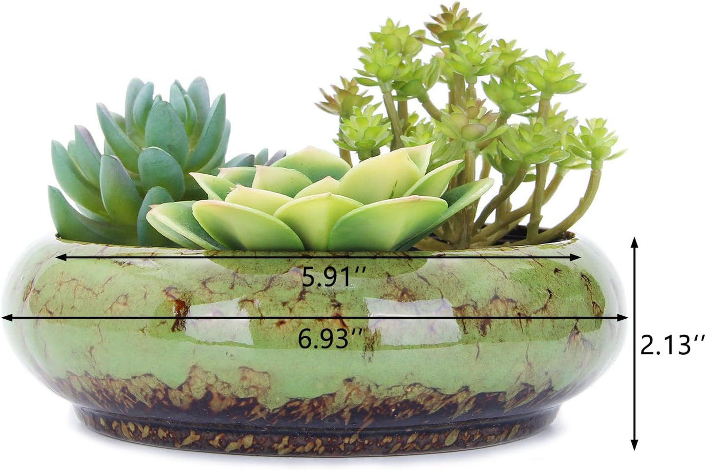 VanEnjoy 7.3 inch Round Large Shallow Succulent Ceramic Glazed Planter Pots with Drainage Hole, Bonsai Pots Garden Decorative Cactus Stand Flower Container (green)