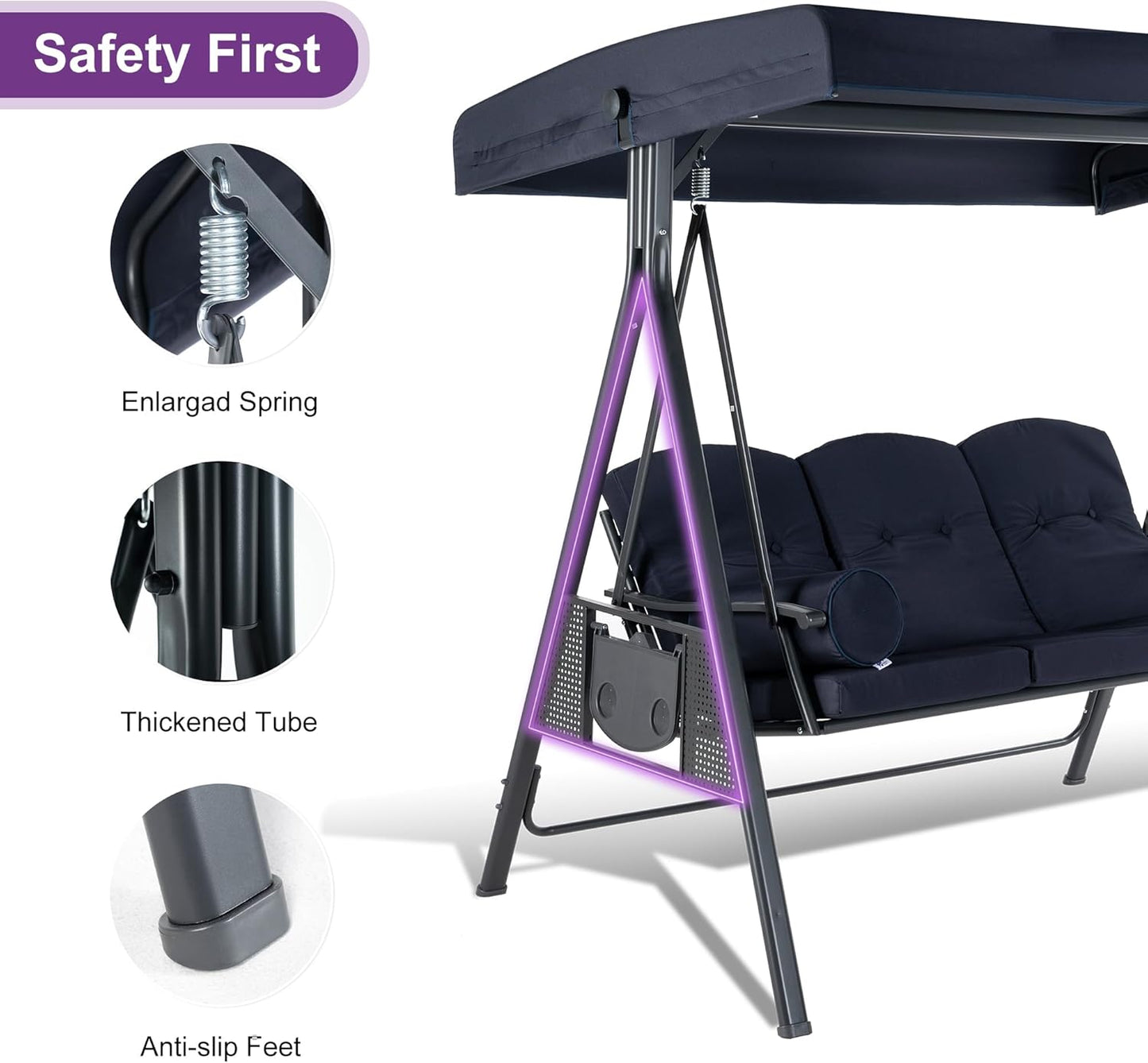 PURPLE LEAF Outdoor Patio Porch Swing with Stand, 2-seat Swing Chair with Adjustable Tilt Canopy All-Weather Steel Frame for Backyard Front Porch Lawn, Cushions and Pillow Included, Navy Blue