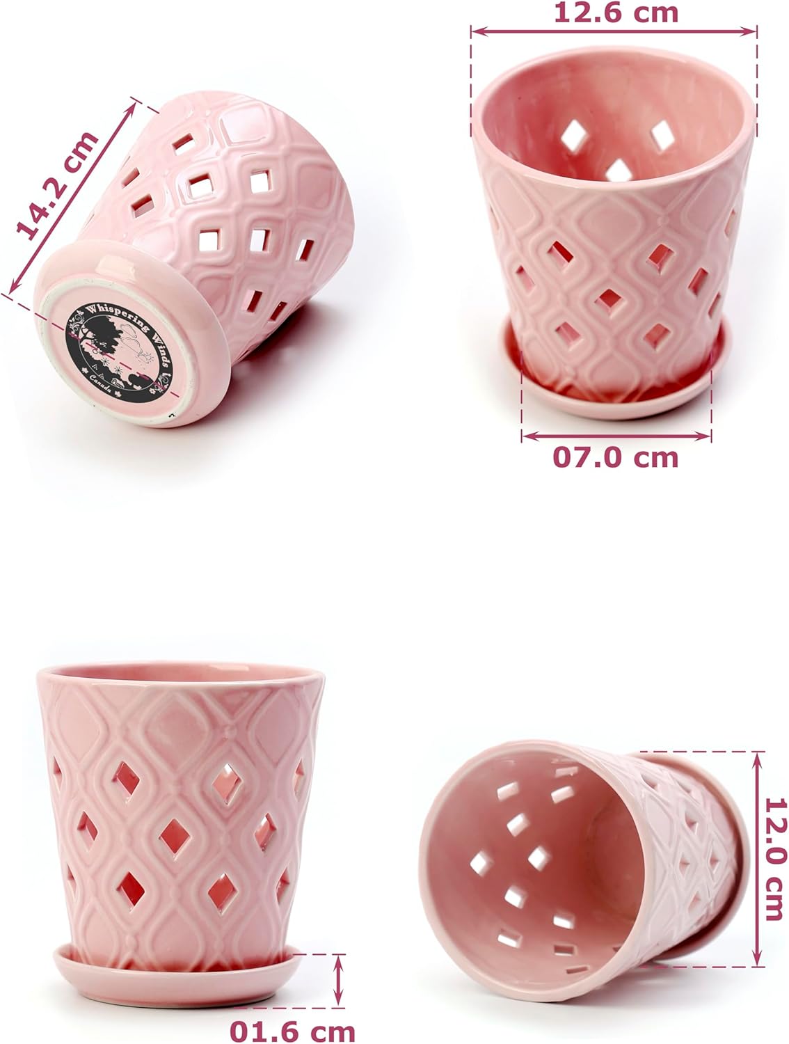 Whispering Winds Ceramic 5 x 6 Inch Orchid Pot with Holes & Saucer for Aeration and Drainage - Decorative Orchid Pots for Repotting, Prevent Over Watering & Root Rot (Cavern Pink)