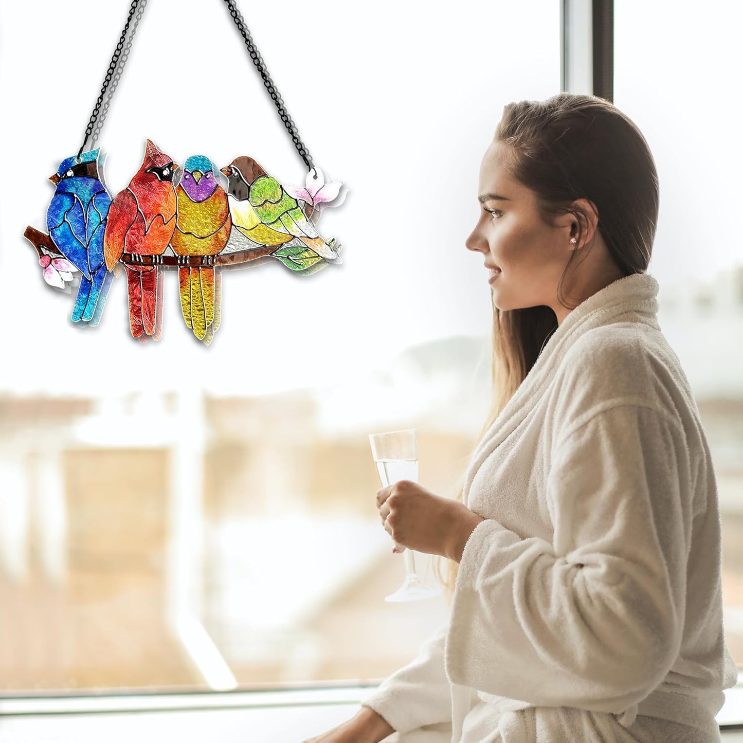 Stained Glass Window Hanging - Birds on A Branch Suncatcher for Window Doors Home Decoration, Valentine's Day Mother's Day Birthday Bird Lover Gifts for Women, Men, and Mom Grandma