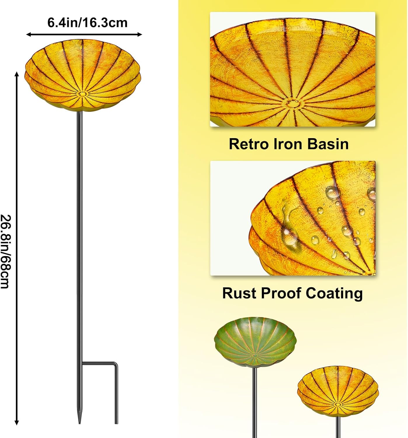 2PCS Metal Flower Bird Bath for Outside, Small Hummingbird Bath Bowl Detachable Birdfeeder Bowl Garden Decor for Outdoor Yard Lawn (2PCS-Yellow-Green)