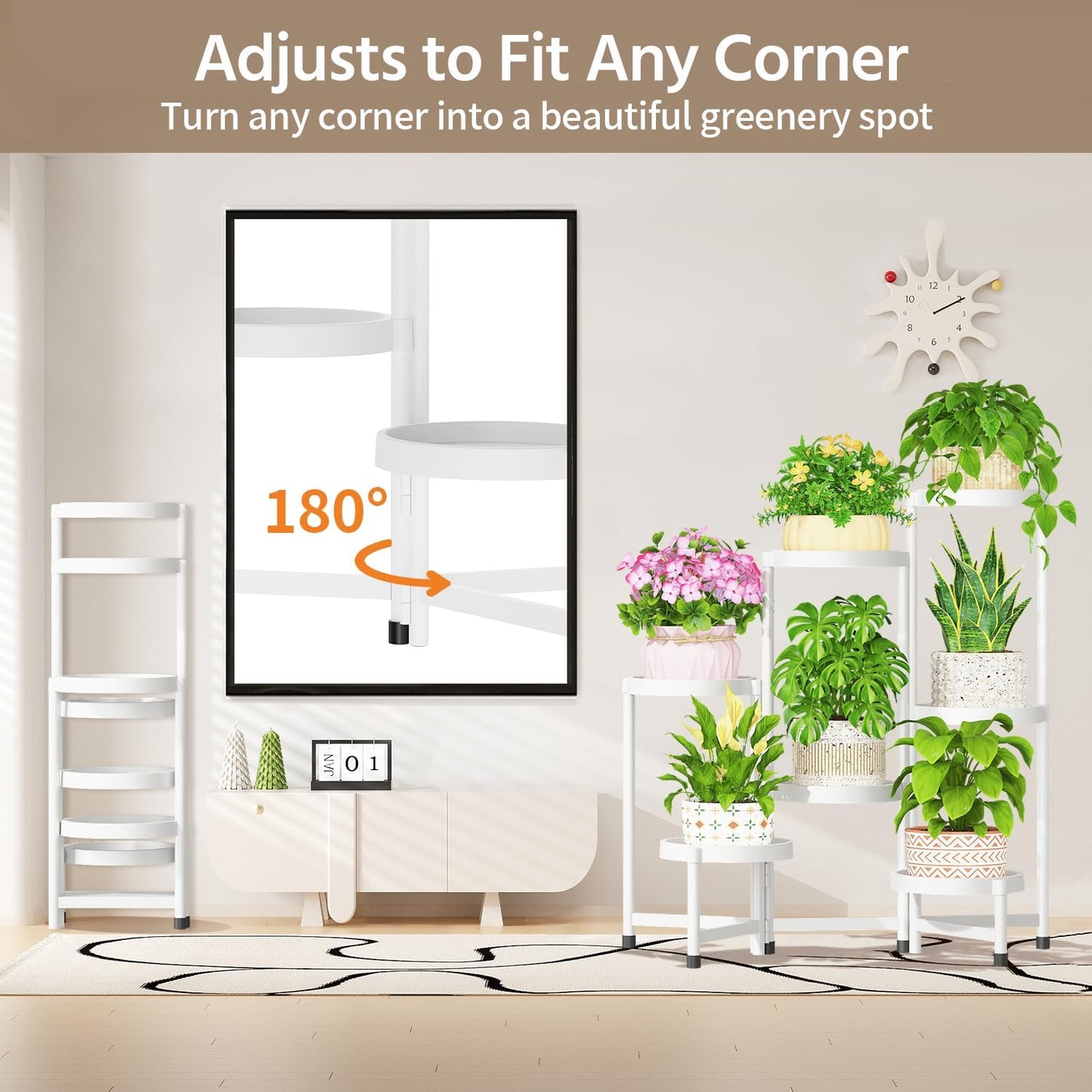 LASZOLA 7 Tiered Folding Plant Stand Indoor for Multiple Large Planter, Tall Heavy Duty Adjustable Rack with Rust Proof Plastic Shelving, Sturdy Vertical Tree Organizer for Narrow Inside Floor, White