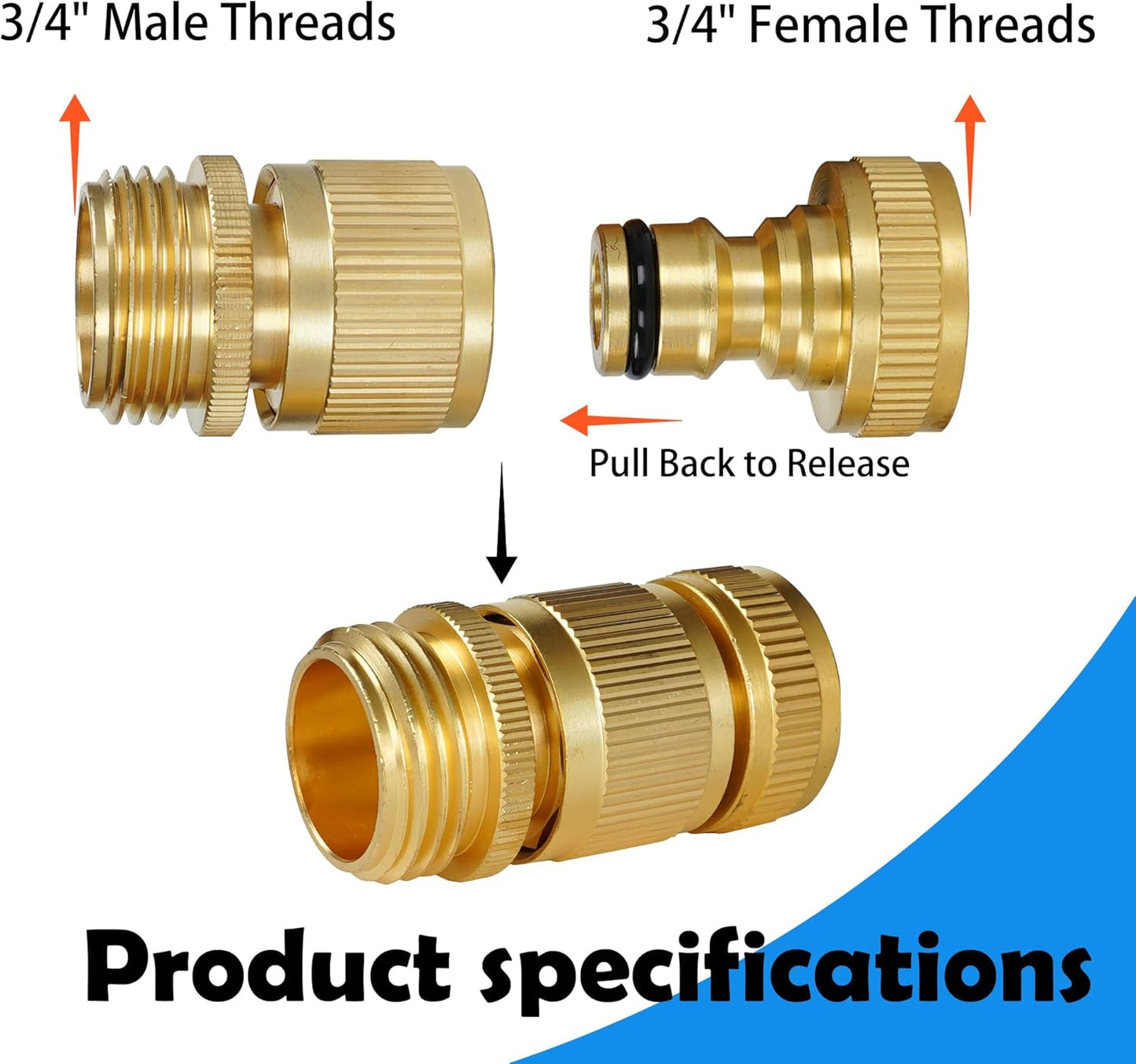 Hourleey Garden Hose Quick Connect, 6 Set Solid Brass 3/4 Inch GHT Thread Garden Hose Quick Connect Fittings, No-Leak Male and Female Water Hose Quick Release Connectors