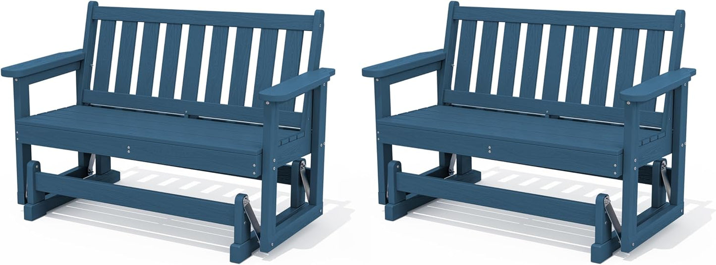 SERWALL Outdoor Glider Bench Set of 2, HDPE Weather-Resistant Swinging Bench for Backyard Garden Porch, Navy Blue