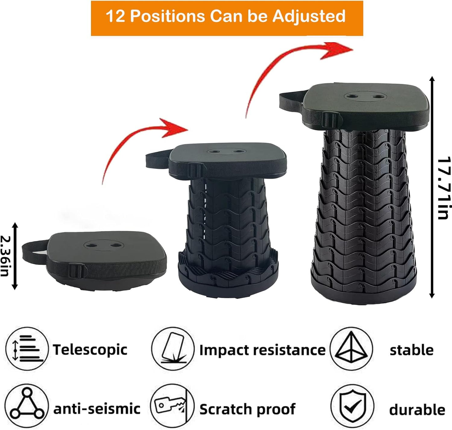 Collapsible Camping Stool with Seat Cushion & Nylon Bag, Square Portable Telescopic Stool, Lightweight Sturdy Foldable Stool for Camp Fishing Picnic, Max Load 550 lb