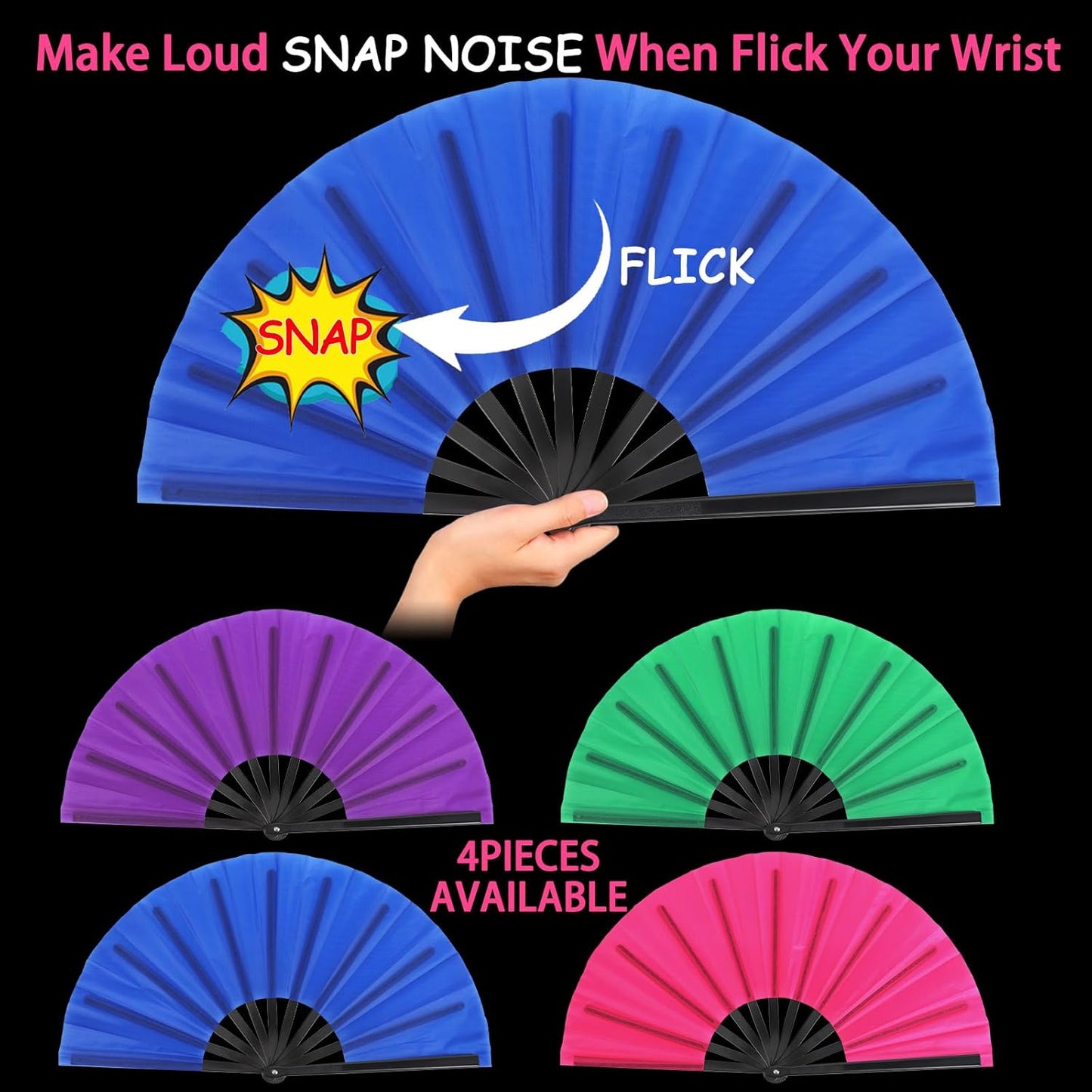 Blulu 4 Pcs 13 Inch Large Folding Hand Fans for Line Dancing Big Clapping Popping Raves Fans Bulk for Dancing Boots on The Ground Festival Party Decoration(Classic Style, Classic Color)
