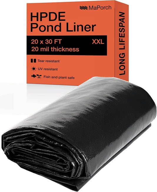 MaPorch HDPE Pond Liner - 20 ft x 30 ft, 20 Mil, Black - Tear-Resistant & UV-Resistant for Outdoor Waterfall - DIY Setup for Pond Fountain & Pool Liner - Fish & Plant Safe for Water Fountain