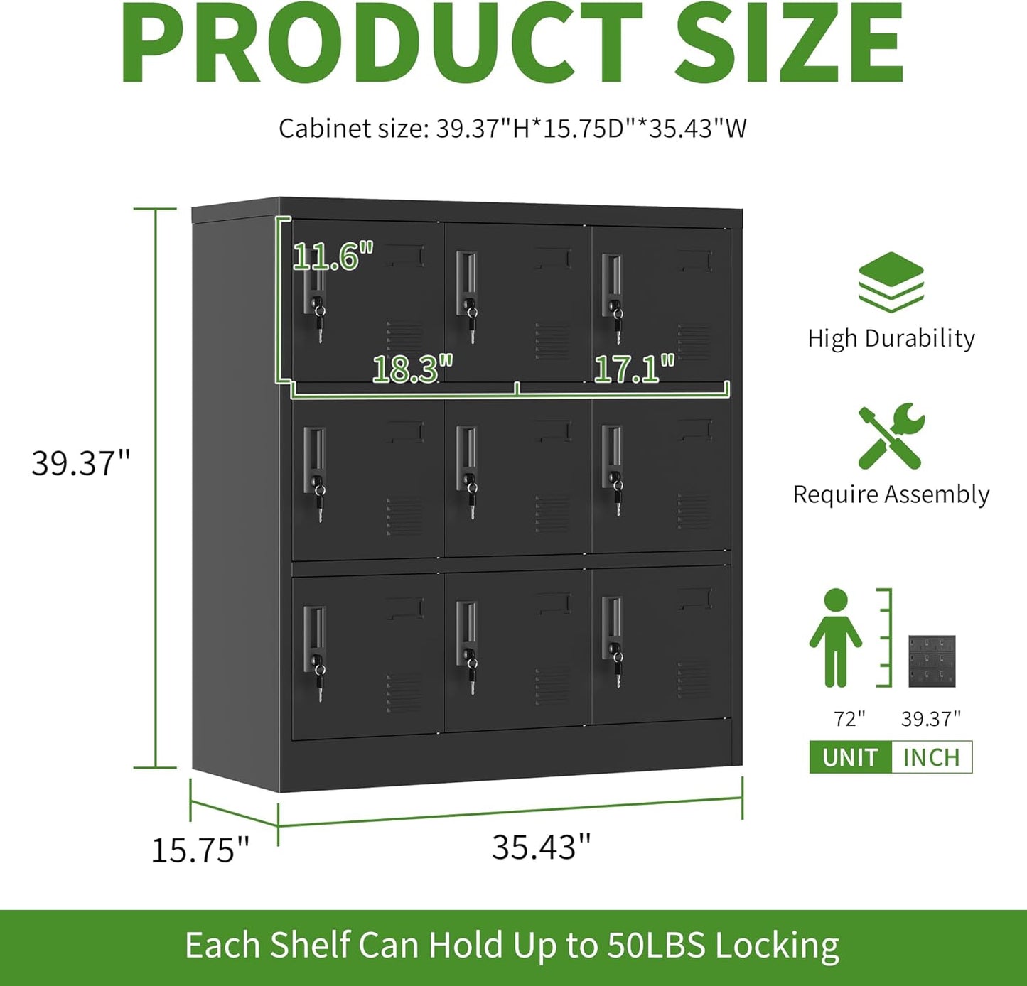 9 Doors Metal Lockers for Employees, Steel Storage Locker with Lock and Card Slot, Employee Lockers for Home, Office, School, Gym, Require Assembly(Black)