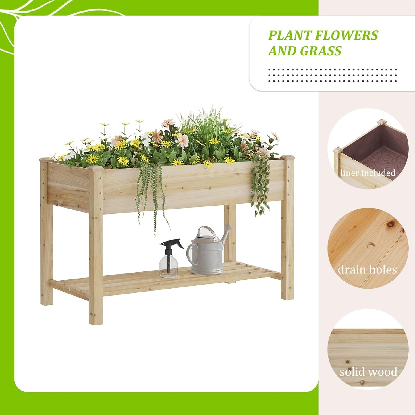 Raised Garden Bed, Planter Box with Storage Shelf, Elevated Wooden Planter Box with Legs, Garden Planter for Backyard, Patio, Balcony, Natural Wood (Natural, M)