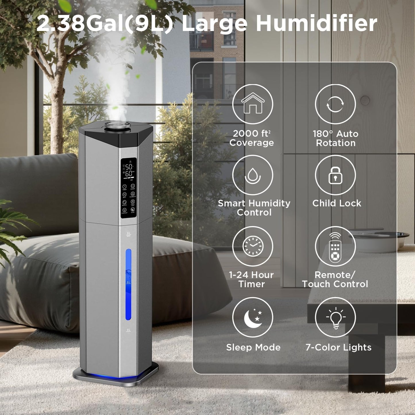 Humidifiers for Bedroom - GloryAir 2.38Gal/9L Dual Atomizers Top Fill Humidifier for Large Room 2000ft² with Auto Rotation 7-Color Light Humidistat Quiet Commercial Humidifiers for House Plants Baby