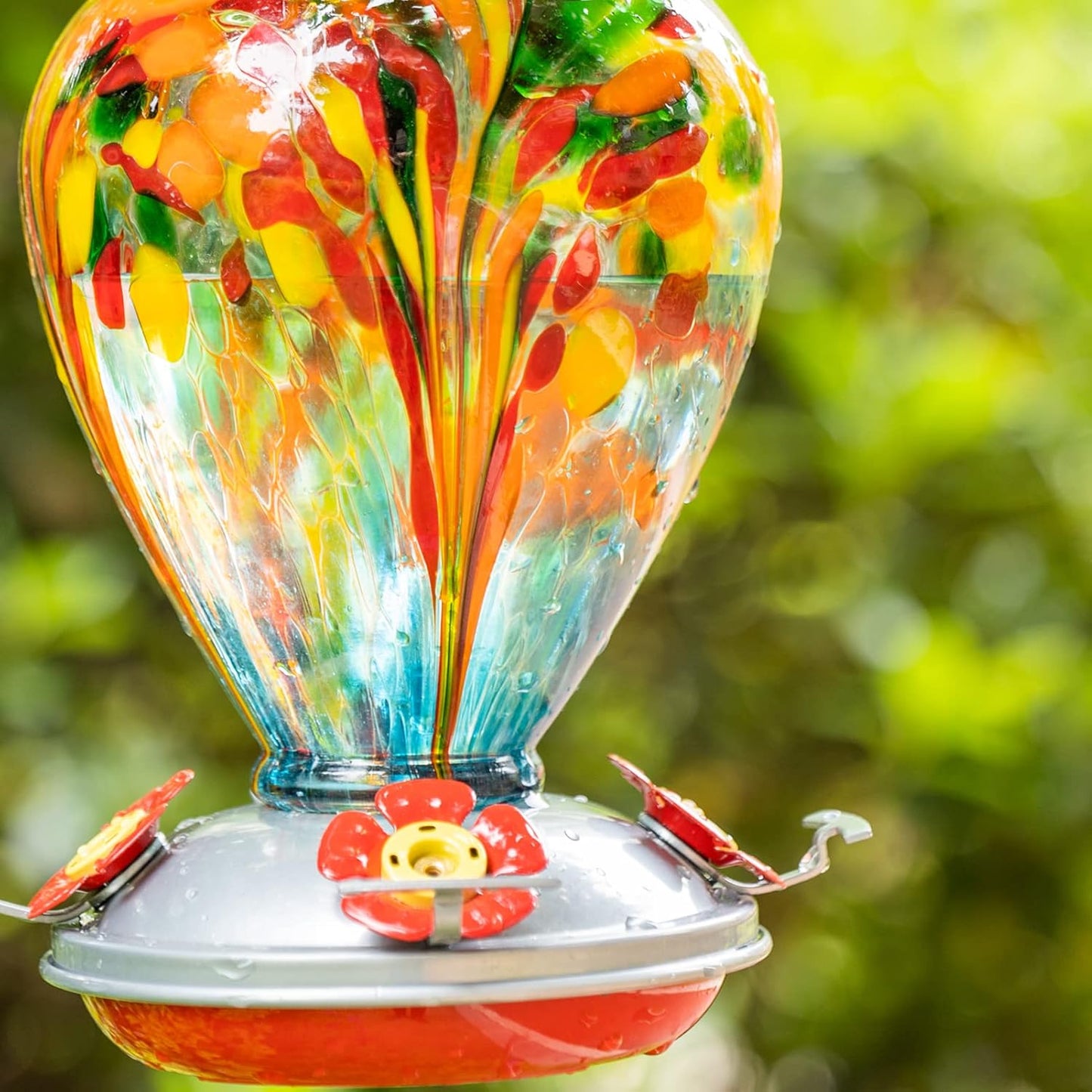 Hummingbird Feeder, 34OZ Hand Blown Glass Hummingbird Feeders for Outdoors Hanging, 4 Feeding Perch with Ant Moat Leakproof, Garden Yard Decor Gifts for Women Mom (Holiday Balloon)