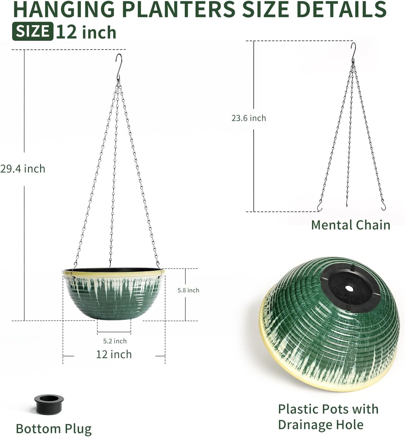 12 inch Large Hanging Planters for Indoor Outdoor Plants, Set of 2 Glazed Hanging Flower Pots with Drainage Hole, Hanging Baskets for Garden Home Porch Decor
