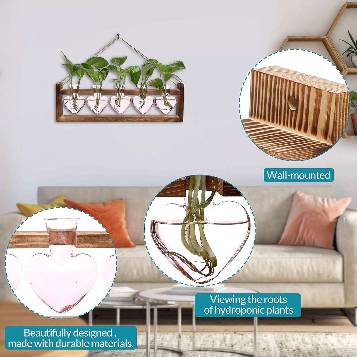 Plant Terrarium Hanging Propagation Stations Gift for Women Air Plants Holder with Wooden Stand Heart Glass