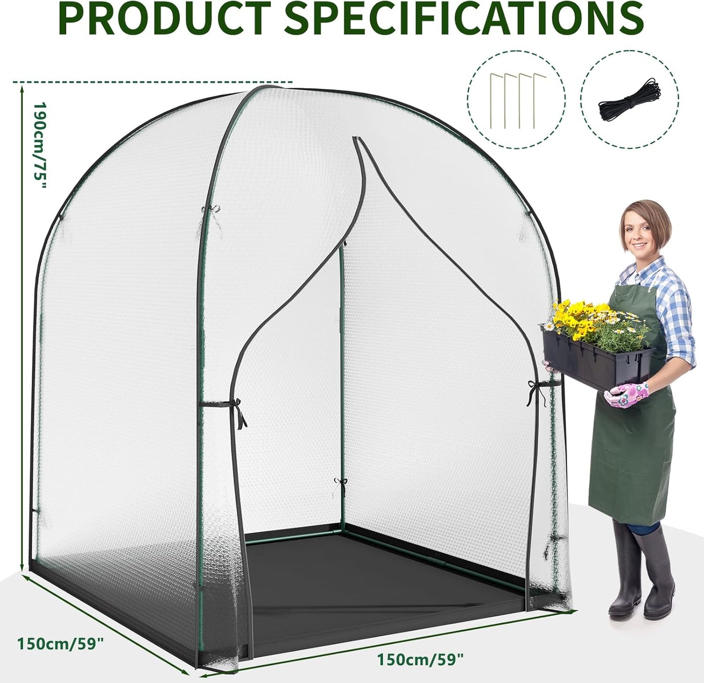SUNYRISY Greenhouse for Outdoors and Indoor, Bubble Film Small Mini Green House for Outside, Portable Grow Tent Plant Cover with Waterproof Pad and Zippered Door, 59" L x 59" W x 75" H