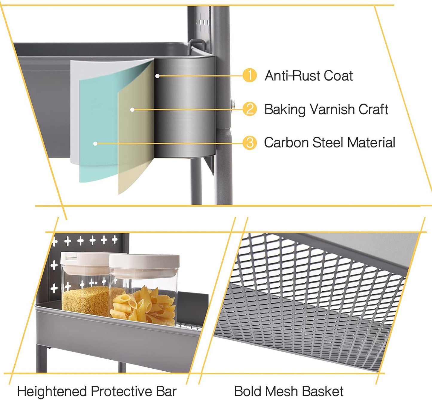 TOOLF 3-Tier Rolling Cart, Metal Utility Storage Cart with DIY Pegboards, Art Craft Trolley with Baskets Hooks, Serving Organizer Easy Assemble for Office, Home, Kitchen, Classroom (Grey)