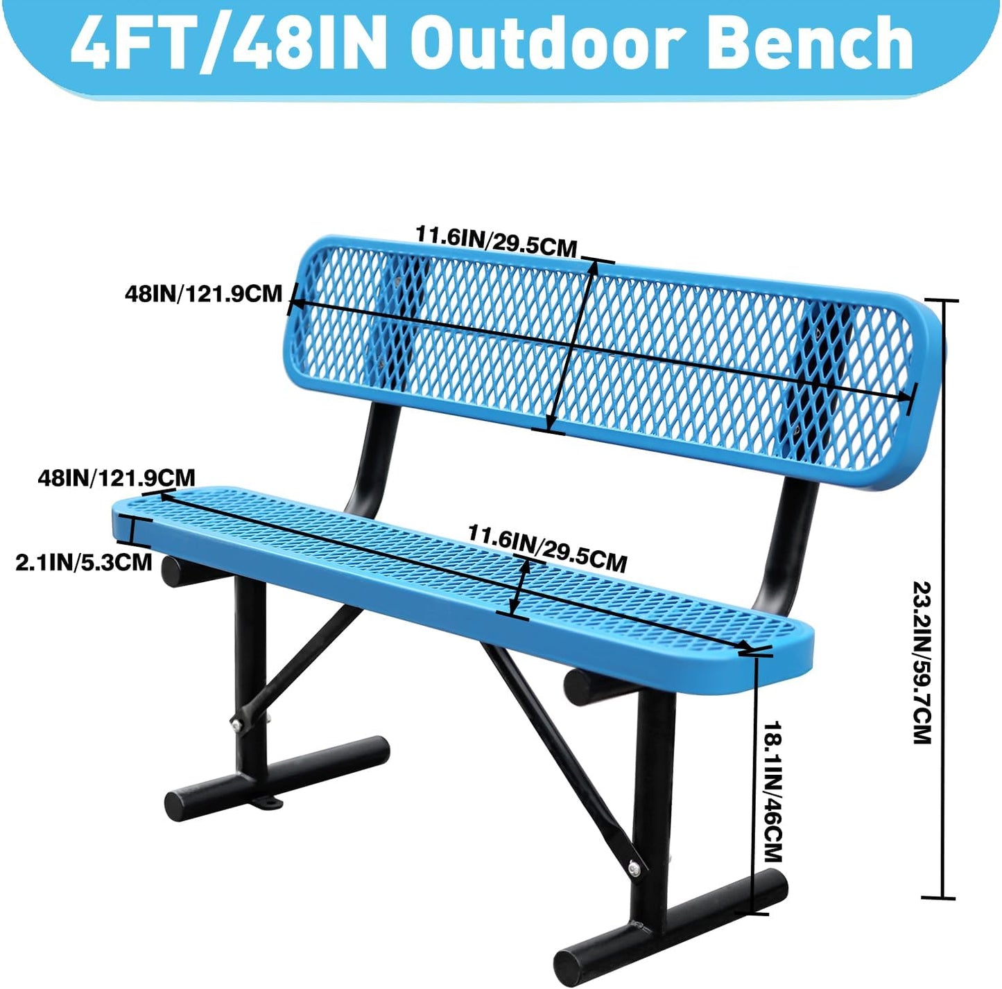 4Ft Outdoor Bench with Back Portable Frame, Outdoor Steel Park Bench with Backrest, Expanded Metal Mesh Bench for Outside, Lawn, Backyard, Park, Garden, Patio, Porch, Bule