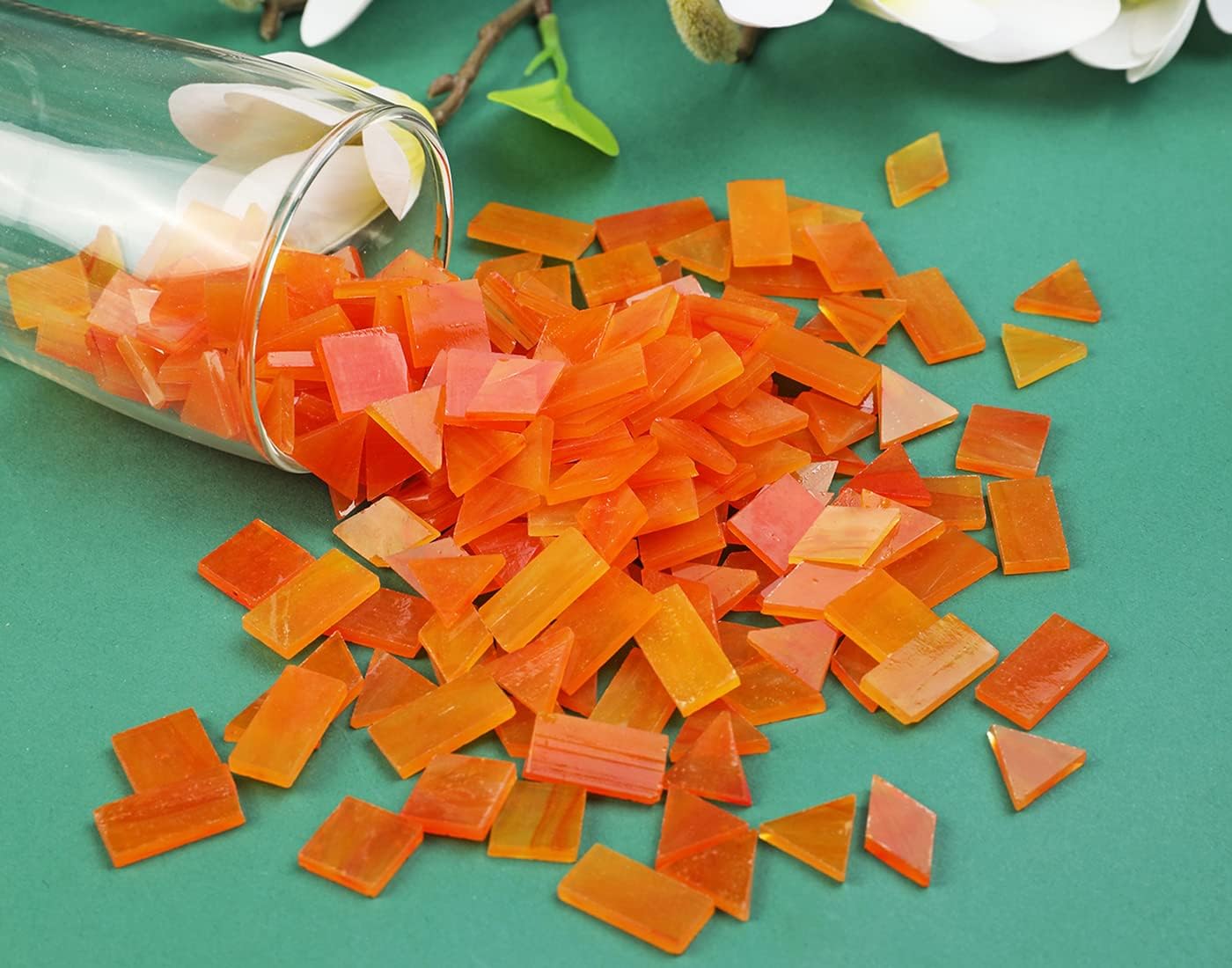 Lanyani 200 Pieces Glass Mosaic Tiles, 4-Shapes Mixed Stained Glass Pieces Tile for Crafts,Orange Ice