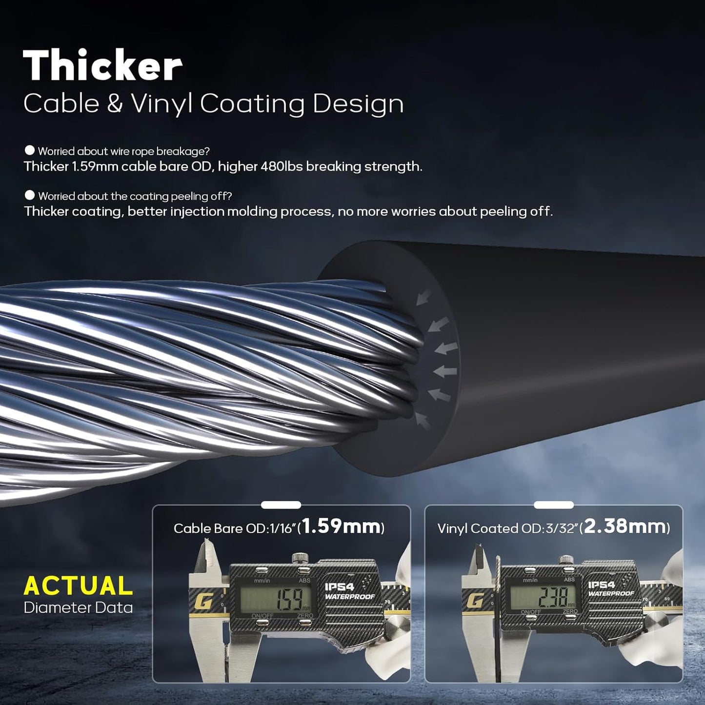 Vinyl Coated Wire Rope 1/16 Inch Overmolded to 3/32 Inch, 200FT 304 Stainless Steel Cable with 60 Pcs Crimping Sleeves for String Light Hanging Kit, Clotheslines and Trellis Wire