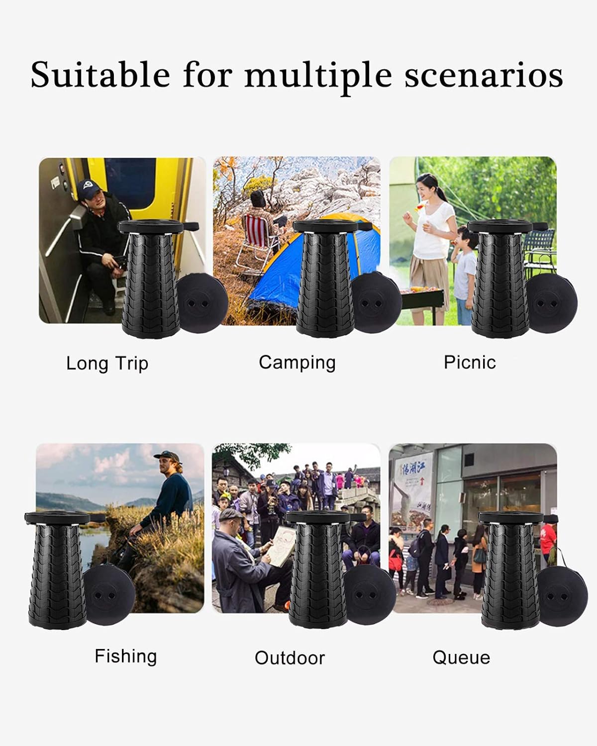 Deer's Life Portable Collapsible Stool with Cushion Pad, Retractable Folding Telescopic Camping Seat for Adults, Small Lightweight Sturdy Adjustable Stools for Travel,Kitchen,Garden,Fishing