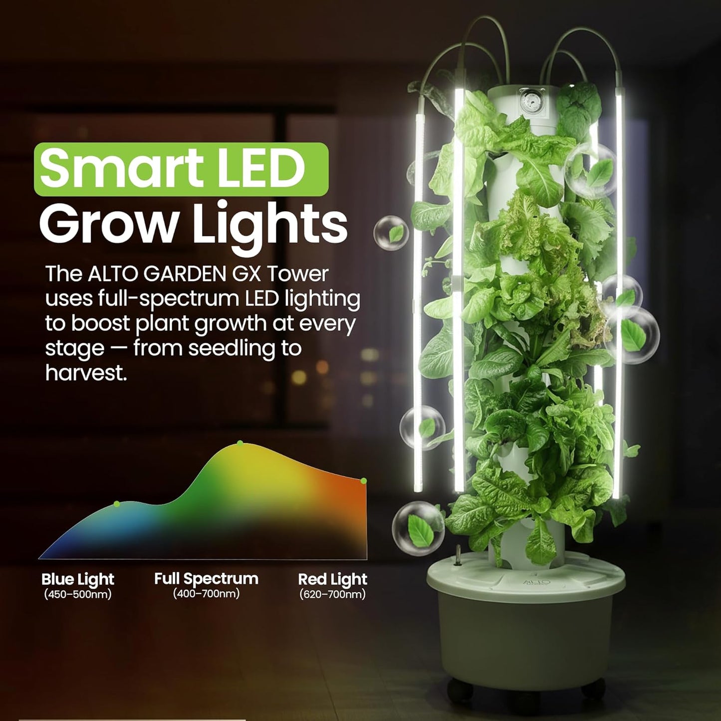 GX Hydroponic Tower | Vertical Planter Tower | Hydroponics Growing System Kit | Food Grade with 24 Net Pots (with LED Grow Lights)