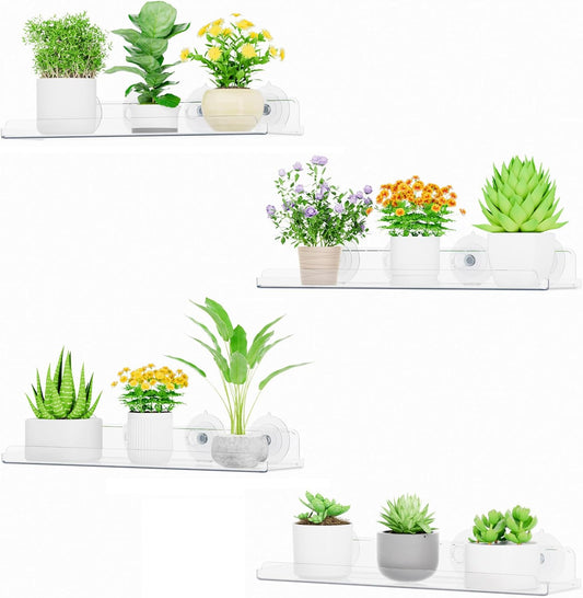Lifewit Window Plant Floating Shelves 15 x 4 inch, 4 Pack Acrylic Suction Cup Shelf, Window Sill Extender for Indoor Succulent Plants, Micro Greens, Seed Starter Pots, Herb Planters