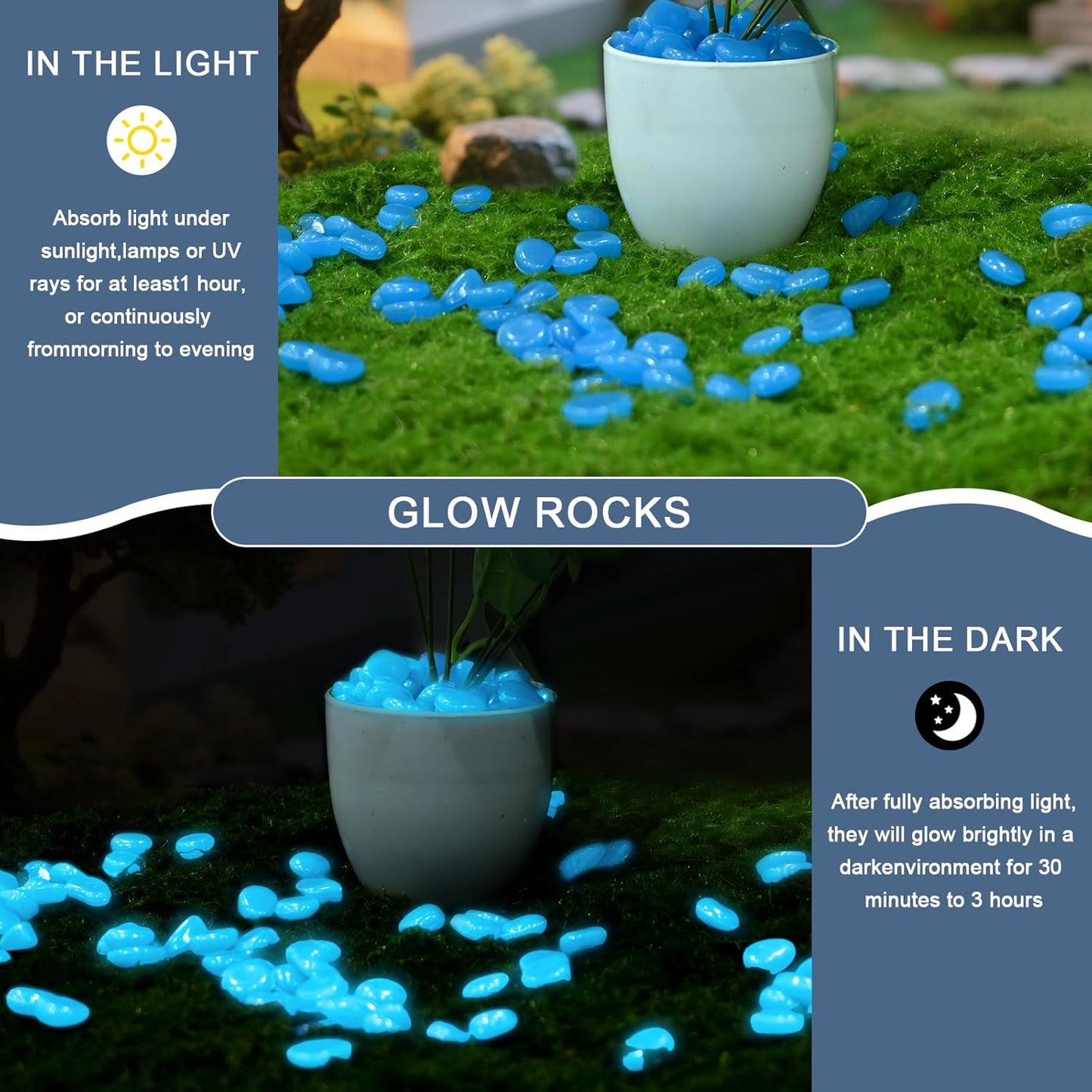 Oubest Glow in The Dark Rocks for Outdoor Landscaping Garden Stones, 0.8 Inch Blue Glow Pebbles Luminous Stones Decorative Rocks for Vases Pathway Walkway Yard Patio Fountain Driveway, 150PCS, Blue