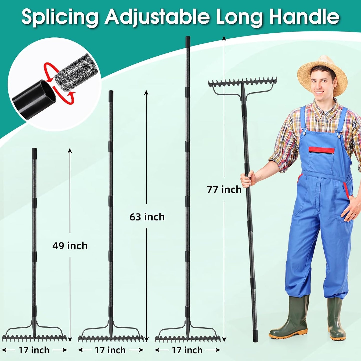 Garden Rake:63 Inch Metal Garden Leaf Rake with 17 Tines, Heavy Duty Bow Rakes for Lawn Yard Leaves Debris Mulch Gravel Thatch Clean,Lawn Care Gardening Landscaping