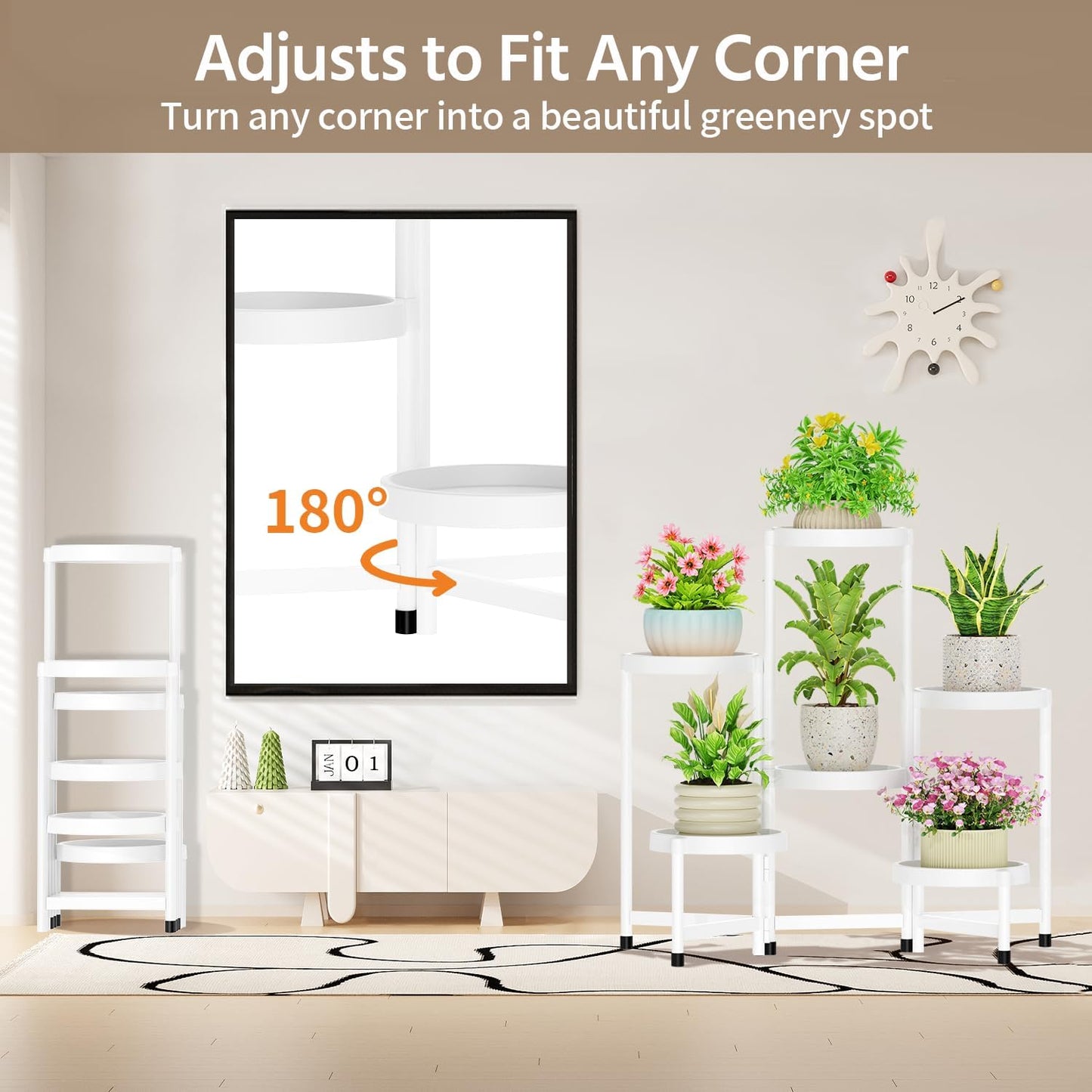 LASZOLA 6 Tiered Folding Plant Stand Indoor for Multiple Large Planter, Tall Heavy Duty Adjustable Rack with Rust Proof Plastic Shelving, Sturdy Vertical Tree Organizer for Narrow Inside Floor, White