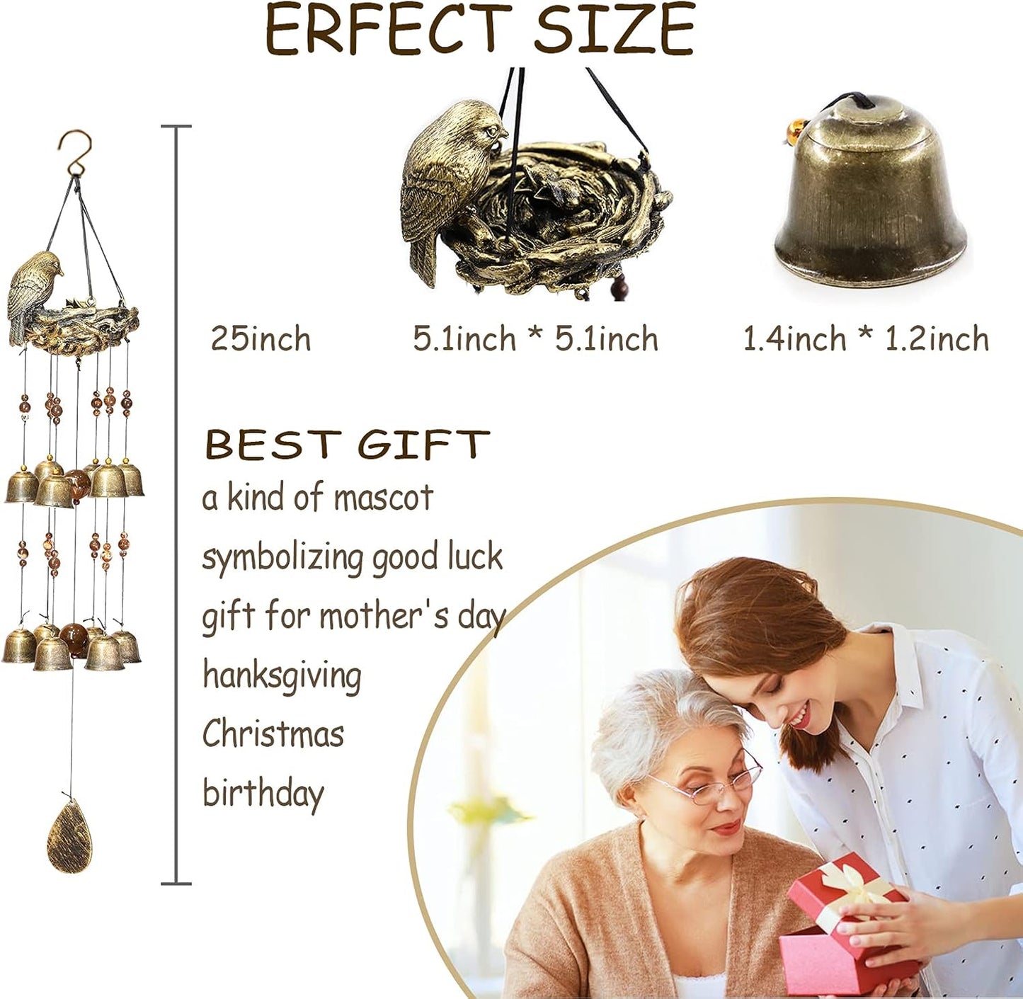 Bird Nest Wind Chimes,Wind Chimes for Outside with 12 Wind Bells for Glory Mothers Love Gift,Bird Bells Chimes Hanging Decoration for Outside Garden Yard Church, Bronze