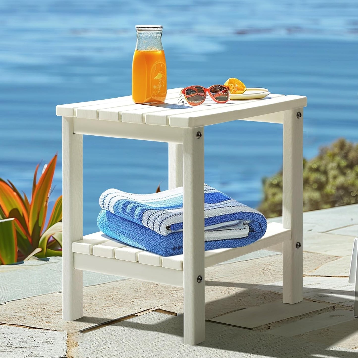 PASAMIC 2-Tier Adirondack Square Side Table, 17" HDPE Outdoor Side Tables, Weather Resistant End Table for Patio, Backyard, Pool, Indoor Companion, Beach, Easy Maintenance (White)