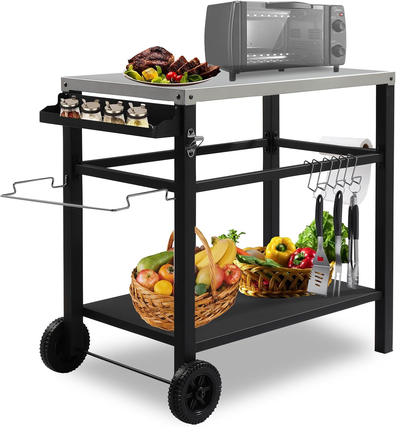 Outvita Outdoor Grill Cart, Movable Food Prep and Work Cart Table, Pizza Oven Stand Table with Wheels, Indoor & Outdoor Multifunctiona Stainless Steel Flattop BBQ Table for Home Party Camping
