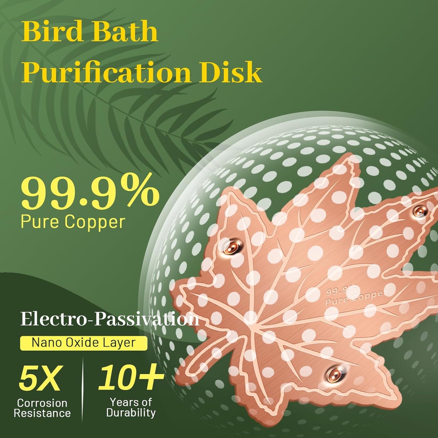 Bird Bath Copper Disk,Bird Bath Purification Disk 0.6mm Reinforced 99.99% Pure Copper Cleaning Disk with 3-Point Support,Fits Outdoor Birdbath & Bowl,Provide Safe Clean Water,Maple Leaf-2Pcs