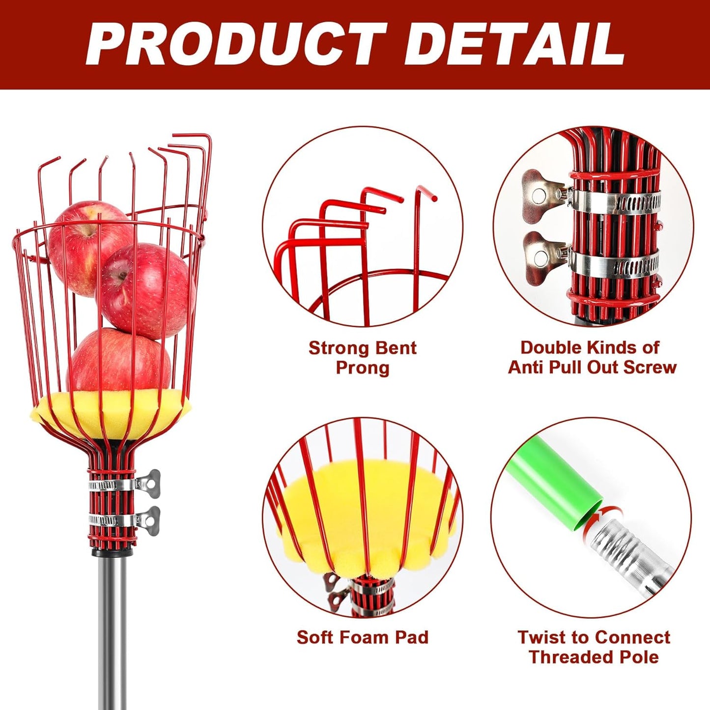 8 FT Fruit Picker Pole with Basket, Adjustable Fruits Picker Catcher Tool for Apple Mango Avocado Lemon Fig Citrus Orange Fruit Picker