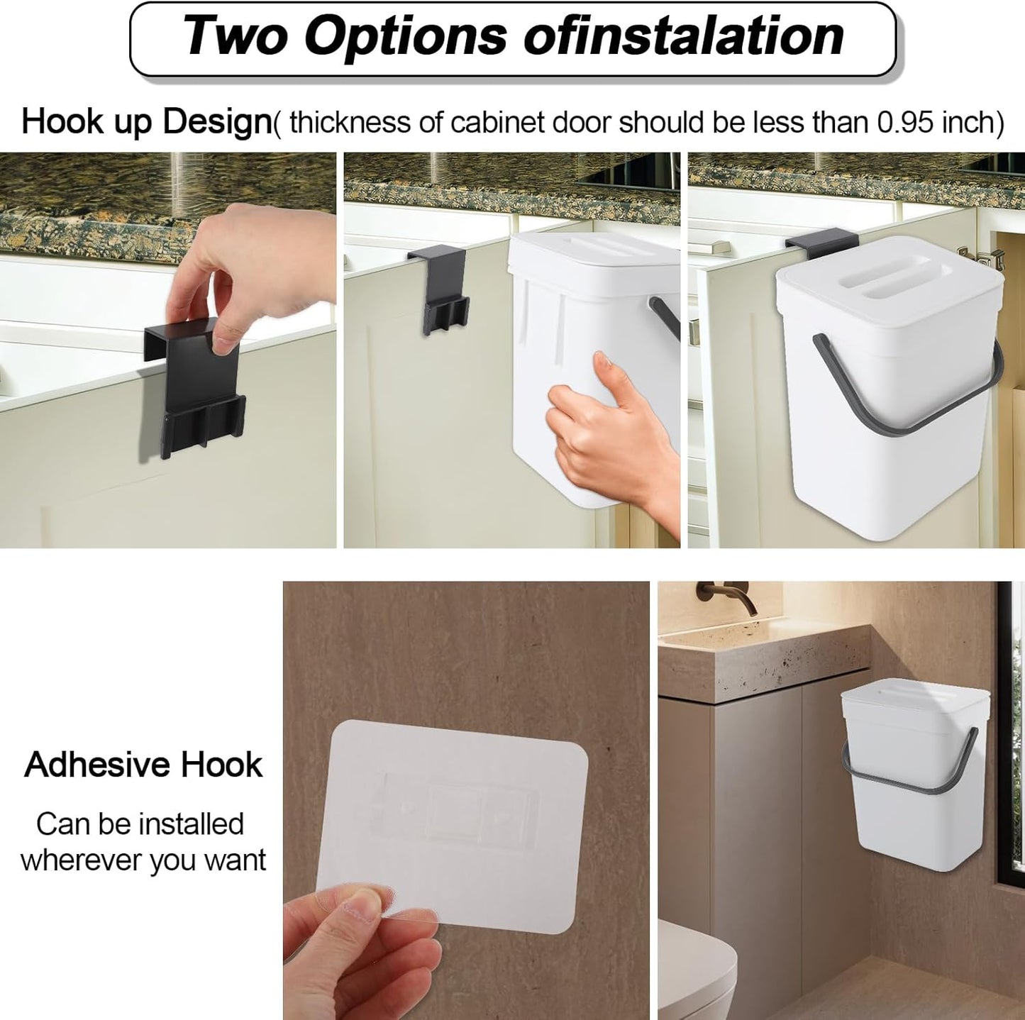 Compost Bin Kitchen, for use on Countertops or Under Sinks, Hanging Trash Can with Lid, for Cupboard/Bathroom/Bedroom/Office/Camping, Mountable Indoor Compost Bucket(White 0.8 Gallon/3L)