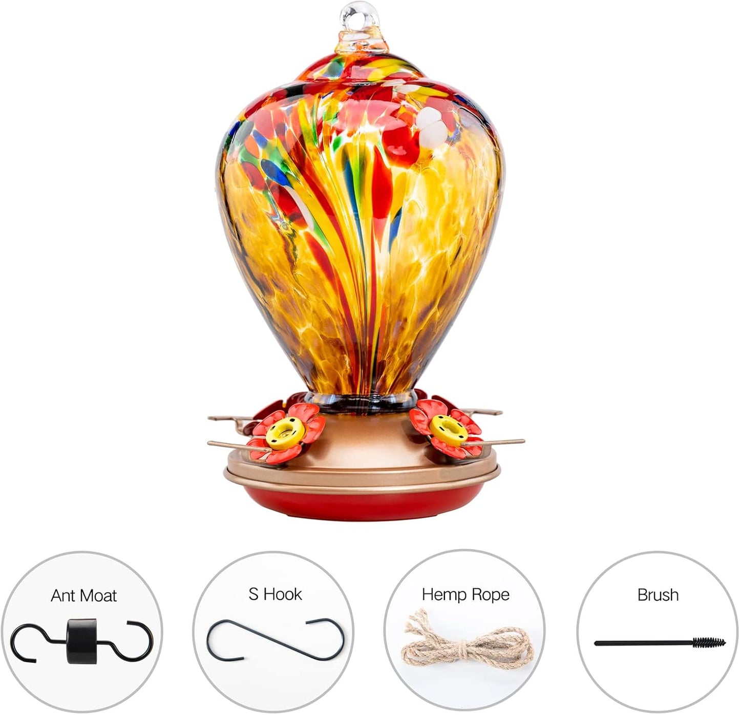 Hummingbird Feeder, 34OZ Hand Blown Glass Hummingbird Feeders for Outdoors Hanging, 4 Feeding Perch with Ant Moat Leakproof, Garden Yard Decor Gifts for Women Mom (Golden Balloon)