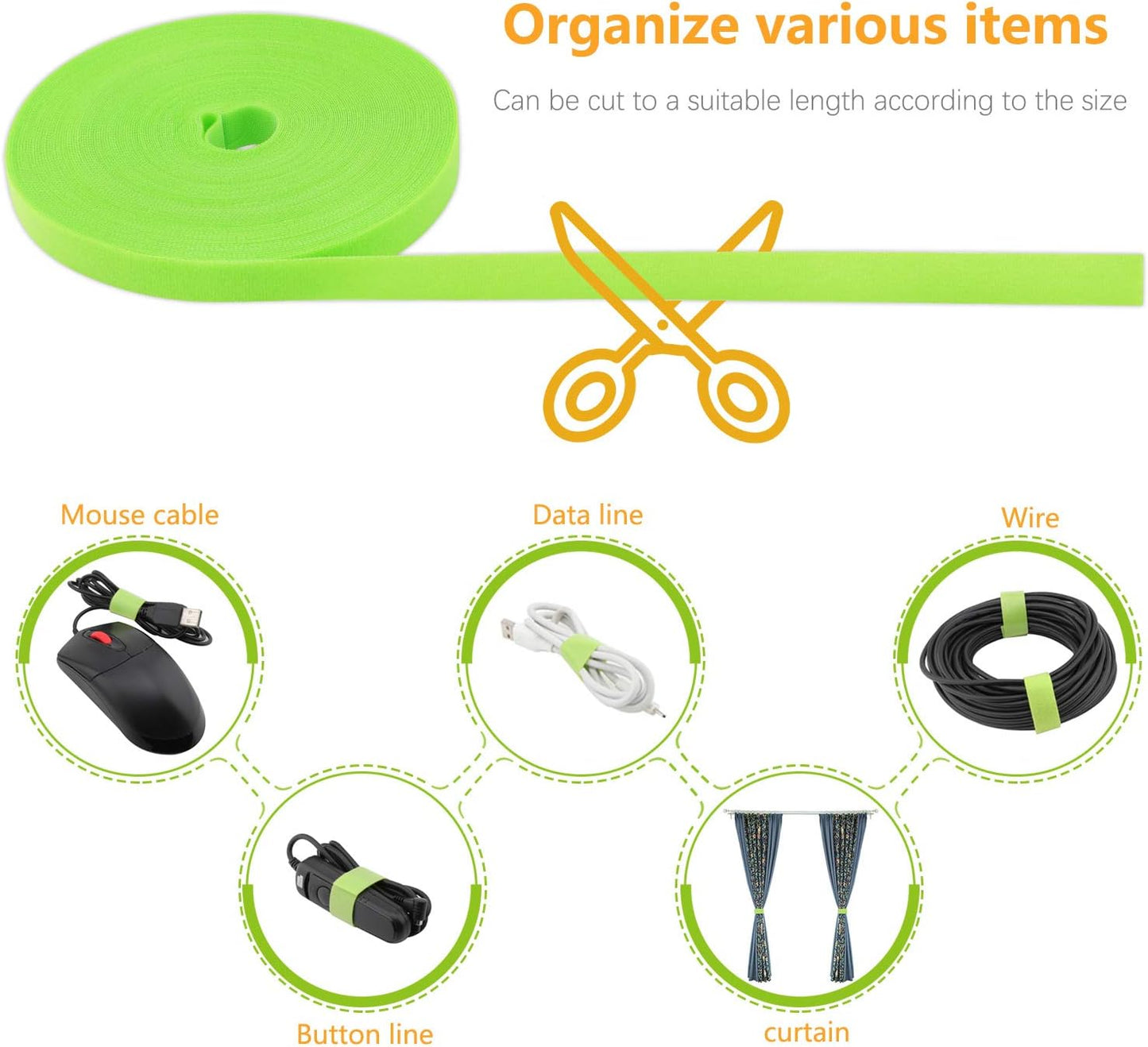 Reusable Fastening Tape Cable Ties 3/4 Inch Double Side Hook Roll (25 Yard, Green)